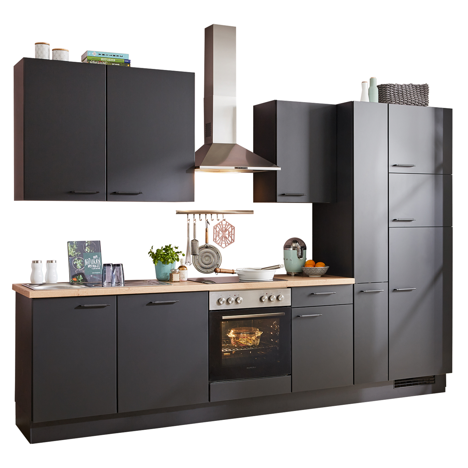 nobilia Küchenblock SENSO - Lack schwarz Premium matt - Kühlschrank rechts - 310 cm