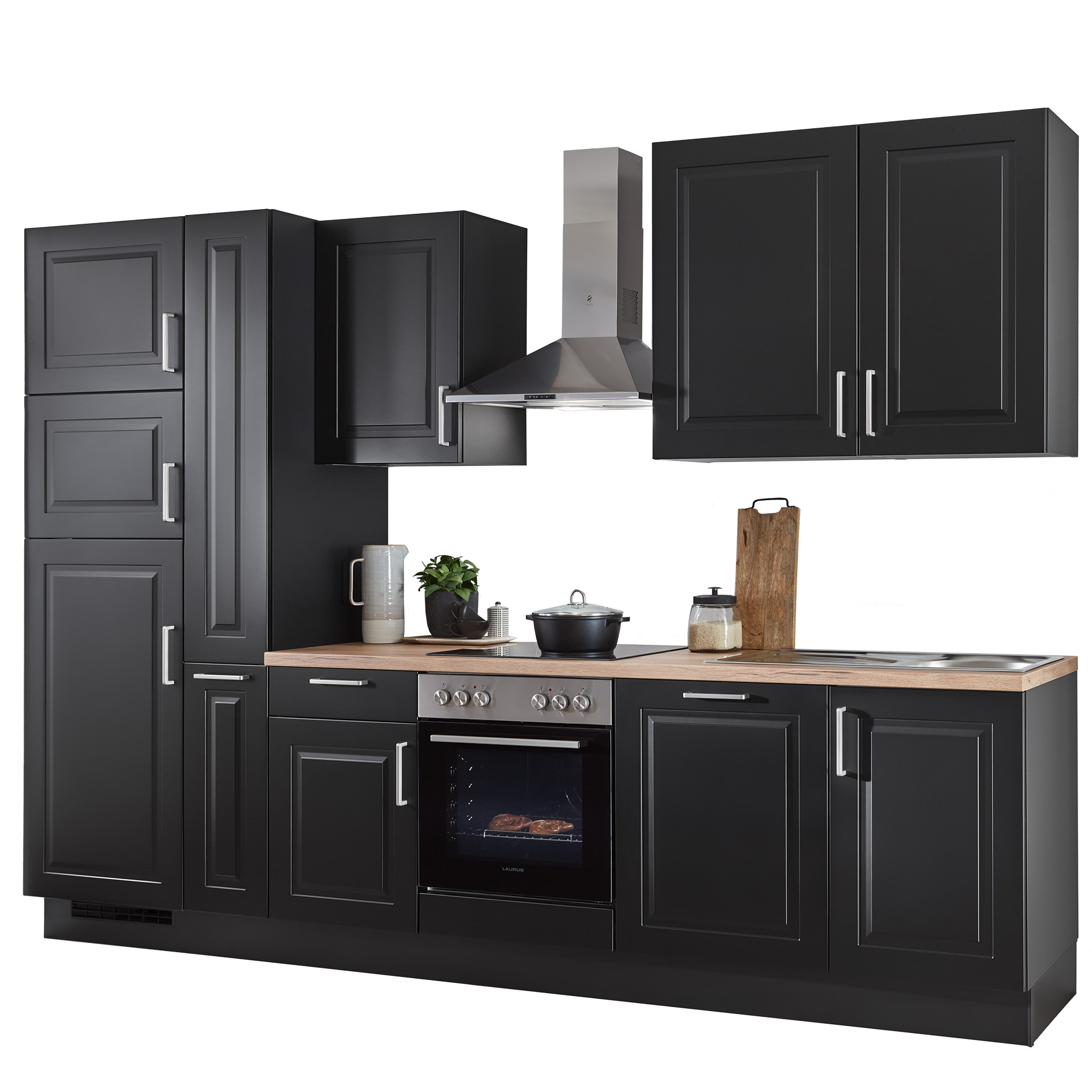 nobilia Küchenblock SYLT - schwarz matt - schwarz - Kühlschrank links - 310 cm