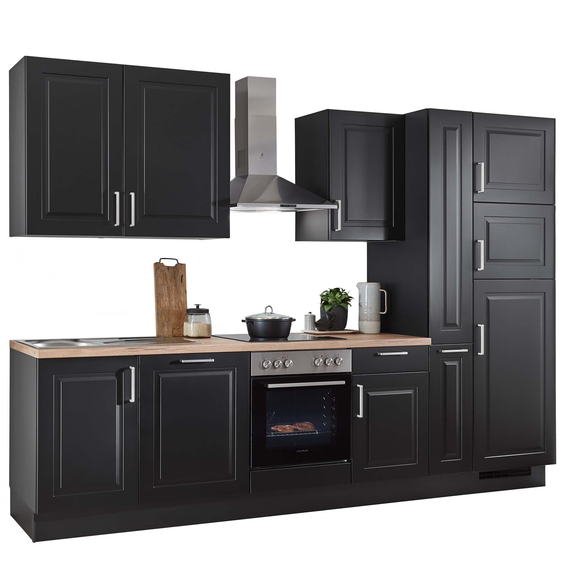 nobilia Küchenblock SYLT - schwarz matt - schwarz - Kühlschrank rechts - 310 cm