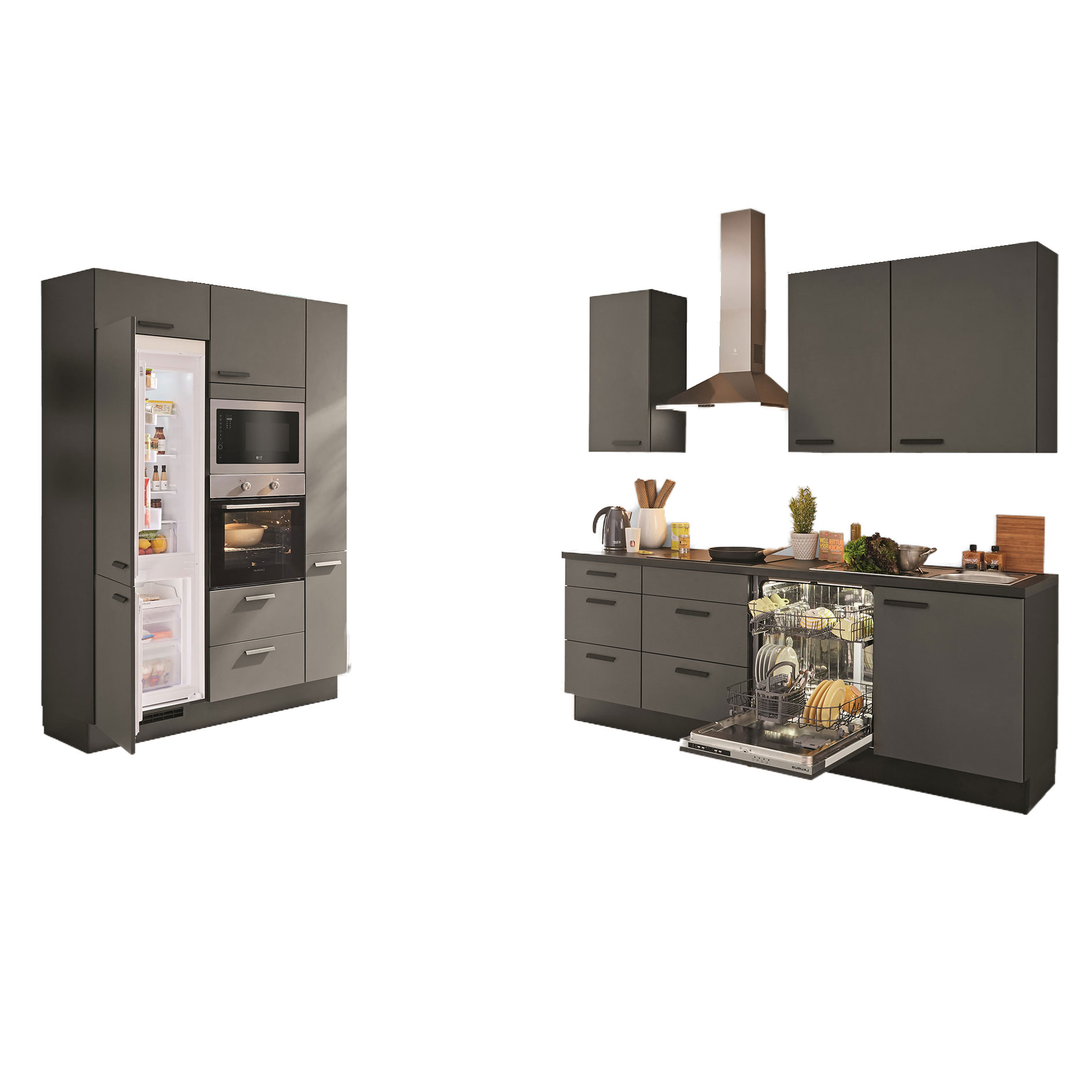 nobilia Küchenblock TOUCH - Lacklaminat schiefergrau - schwarz matt - Kühlschrank links - 230+150 cm