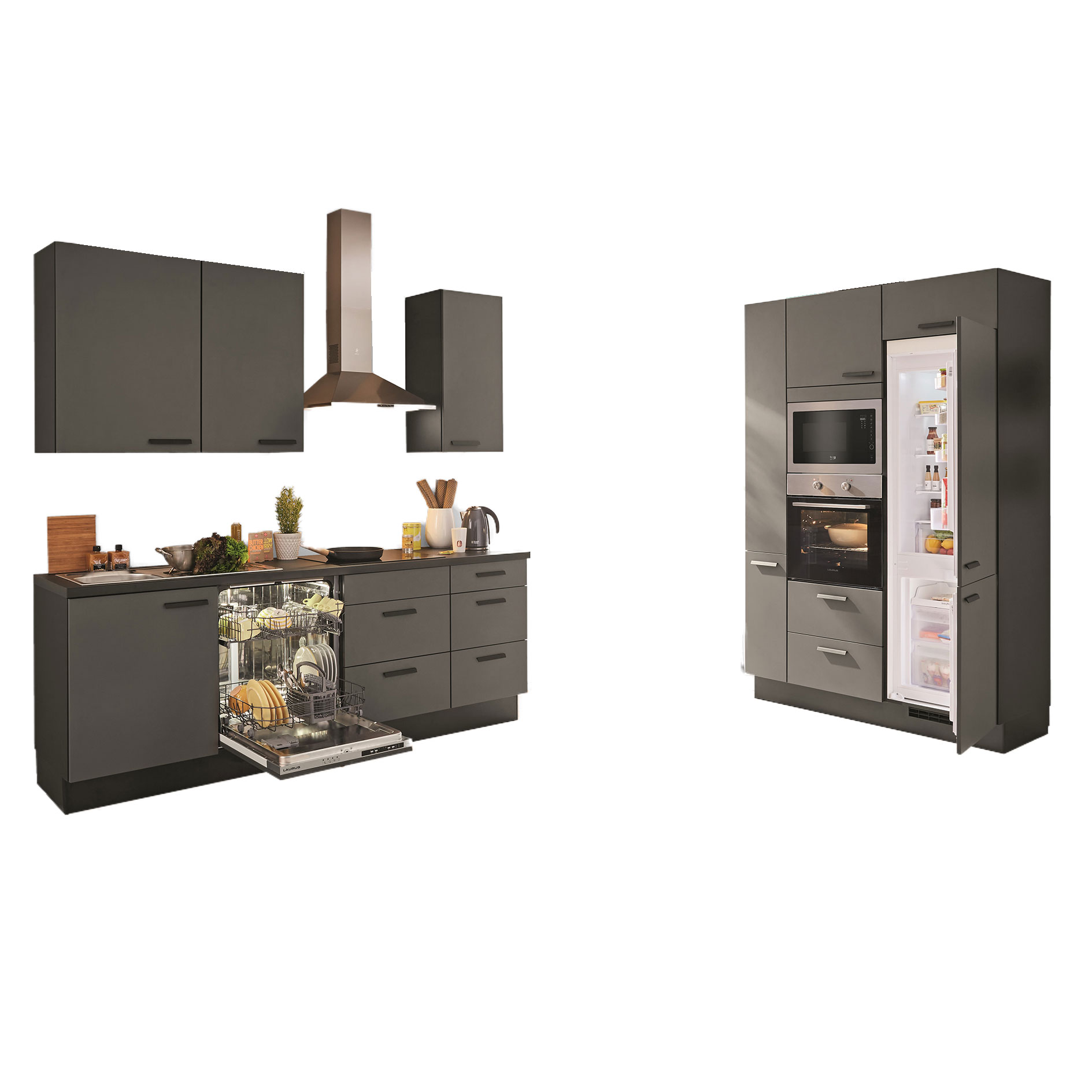 nobilia Küchenblock TOUCH - Lacklaminat schiefergrau - schwarz matt - Kühlschrank rechts - 230+150 cm