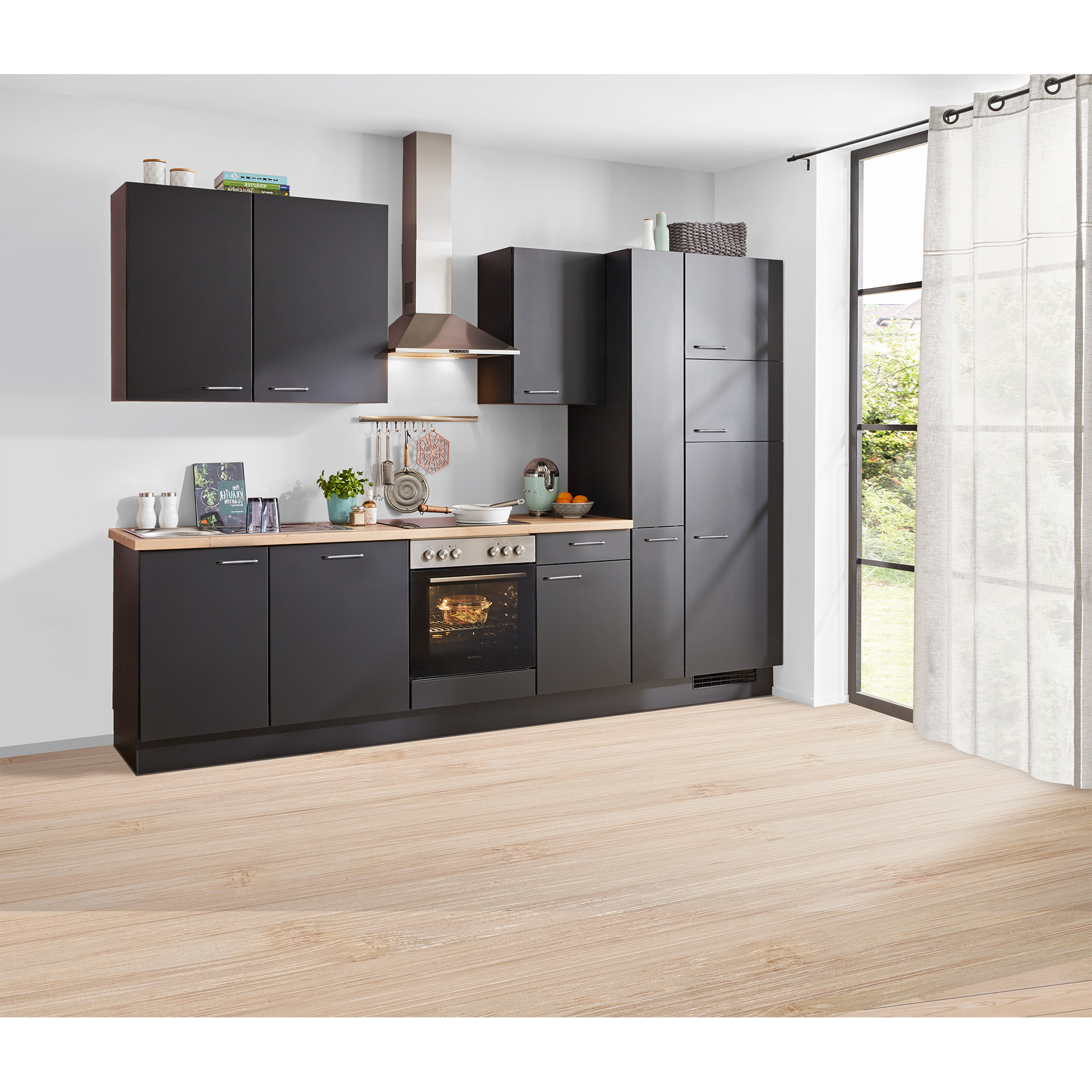 nobilia Küchenblock TOUCH - Lacklaminat schwarz supermatt - schwarz - Kühlschrank links - 310 cm