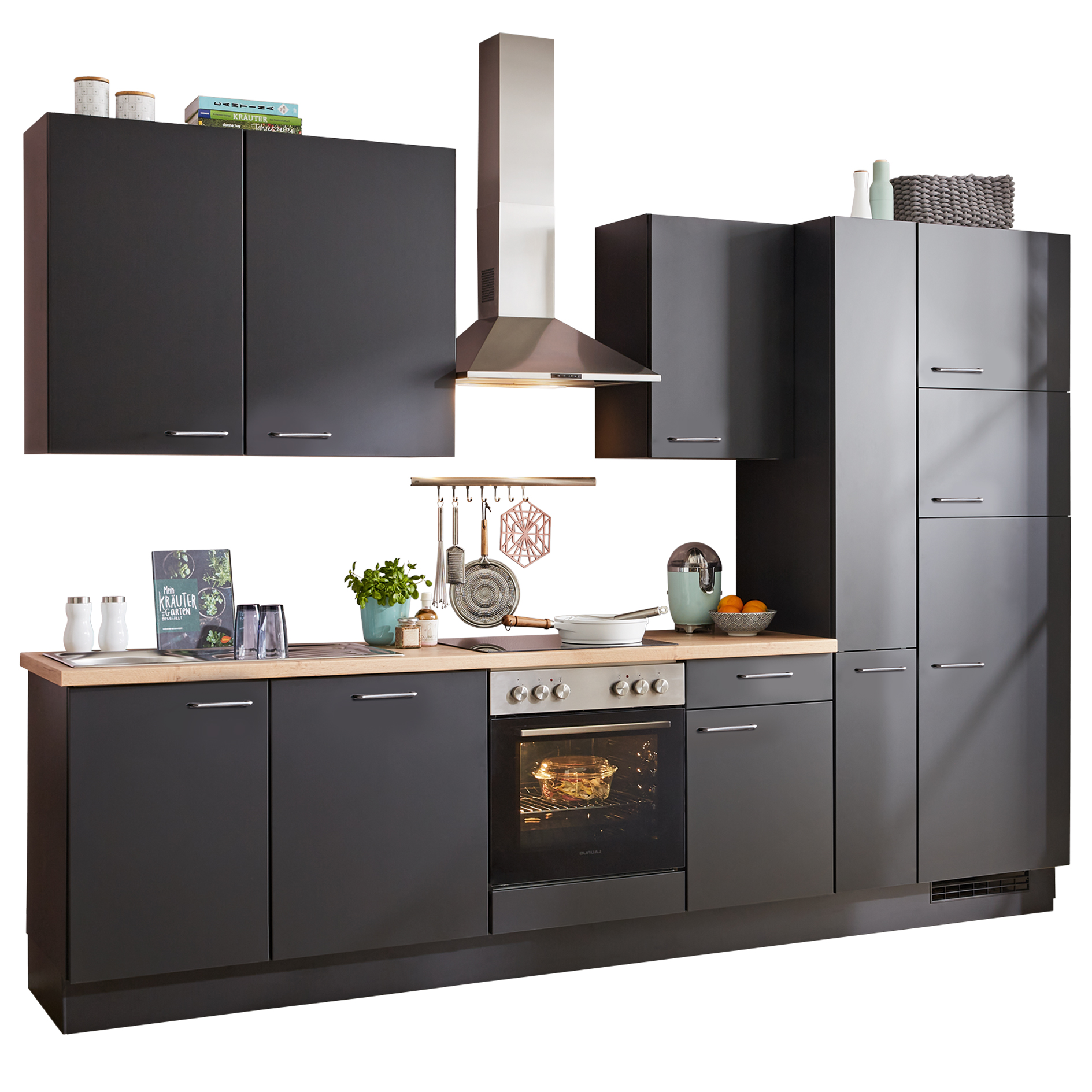 nobilia Küchenblock TOUCH - Lacklaminat schwarz supermatt - schwarz - Kühlschrank rechts - 310 cm