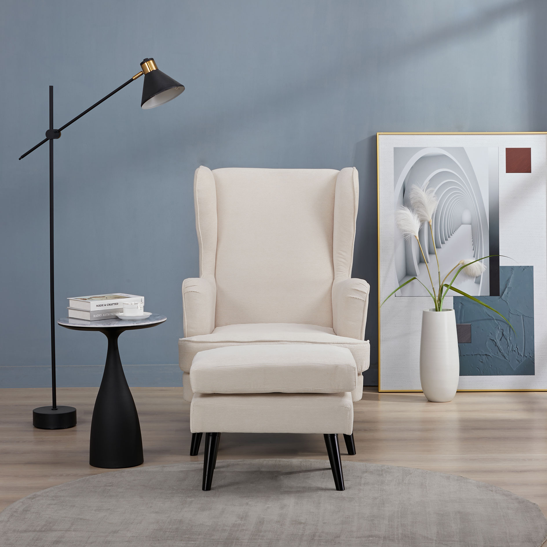 Ohrensessel mit Hocker - beige - Federkern