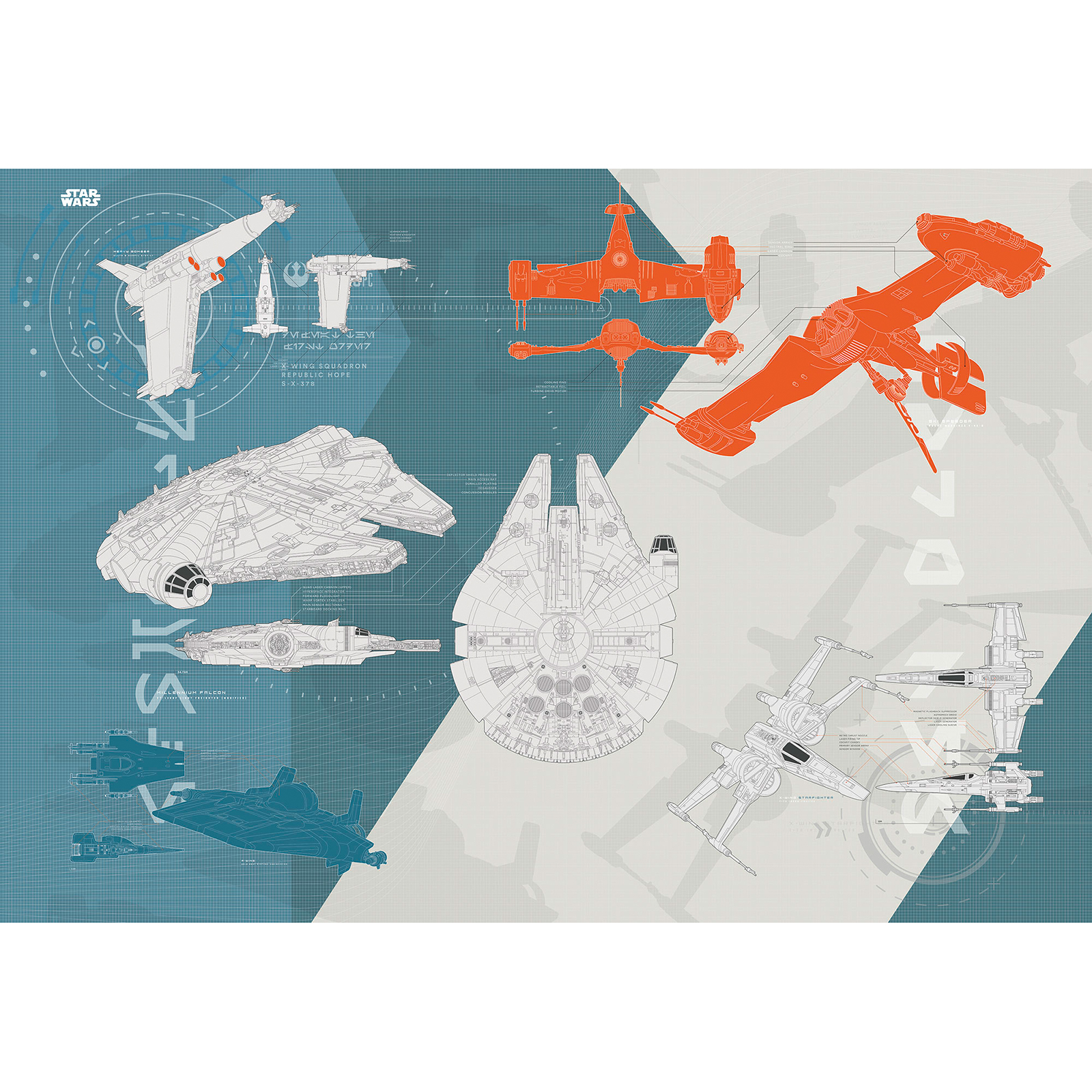 Papier-Fototapete STAR WARS – TECHNICAL PLAN - blau-weiß-orange - 368x254 cm