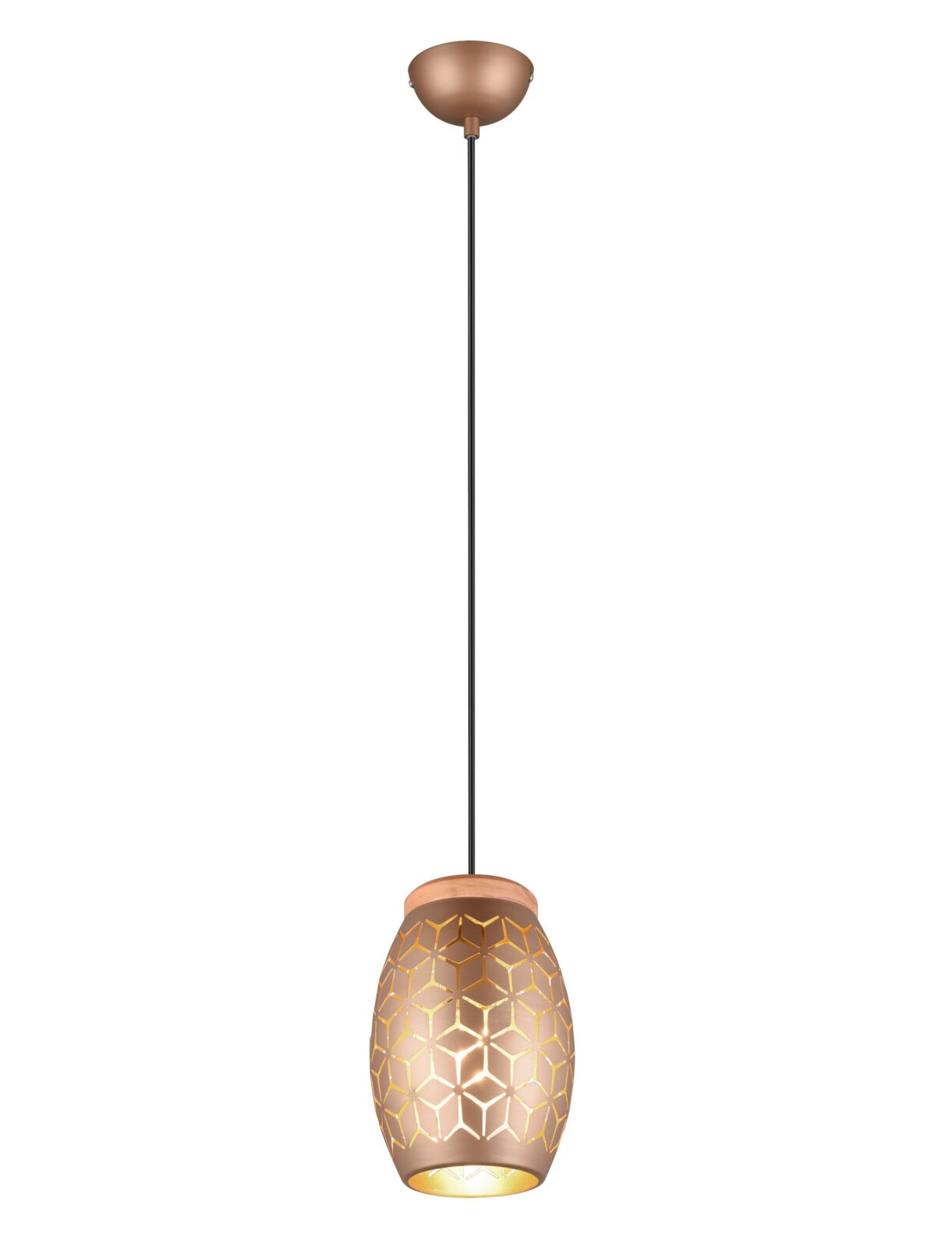 Pendelleuchte - coffee-gold - Metallschirm - Holzapplikation