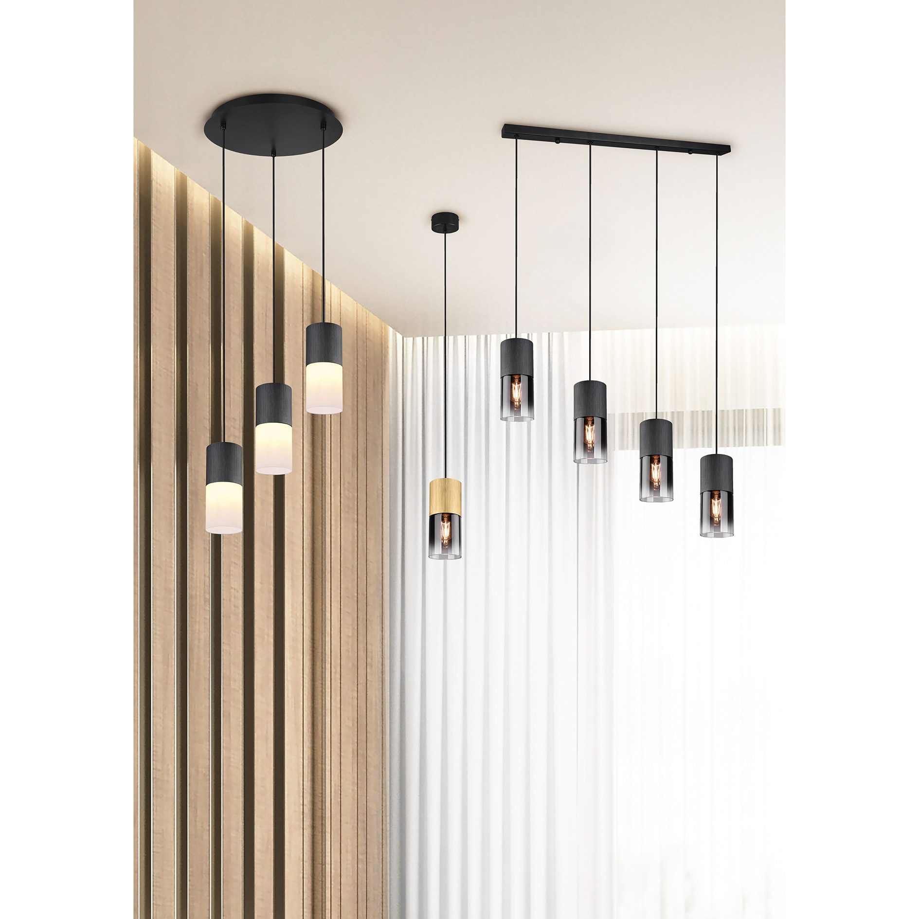 7-flammige schwarze Pendelleuchte mit Rauchglas - Ventura