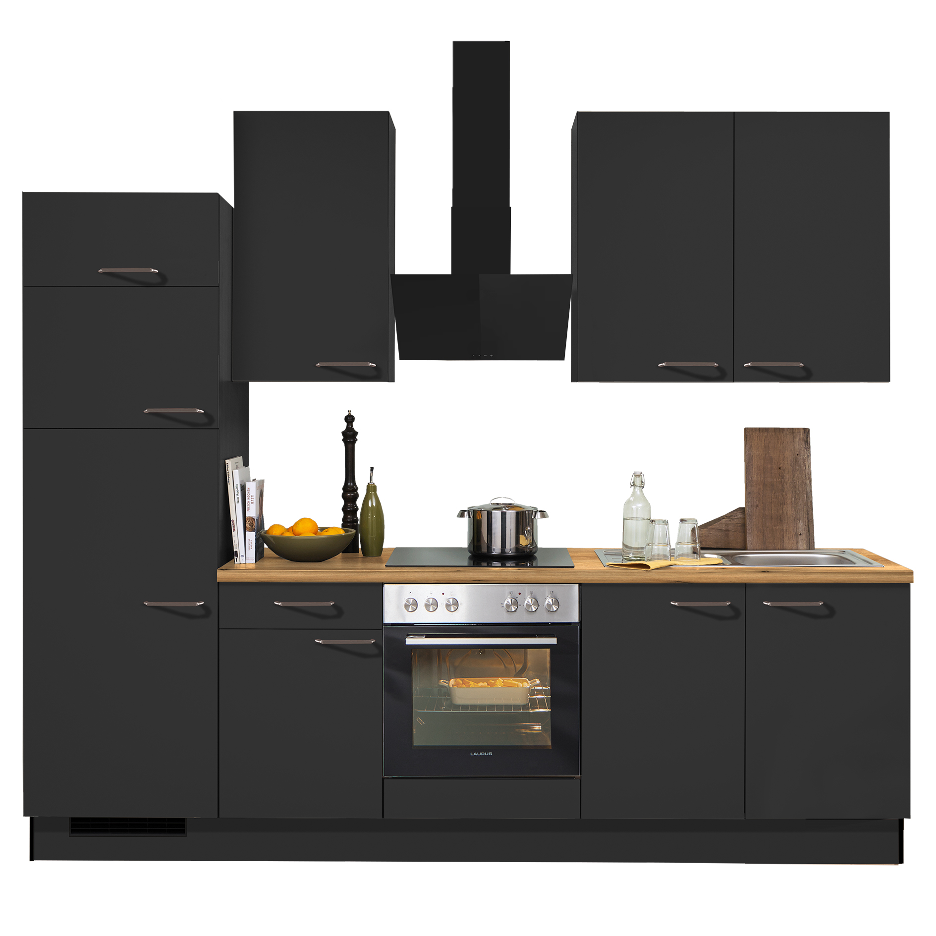 pino Küchenblock PN 80 - grafit - mit E-Geräten - Kühlschrank links - 270 cm