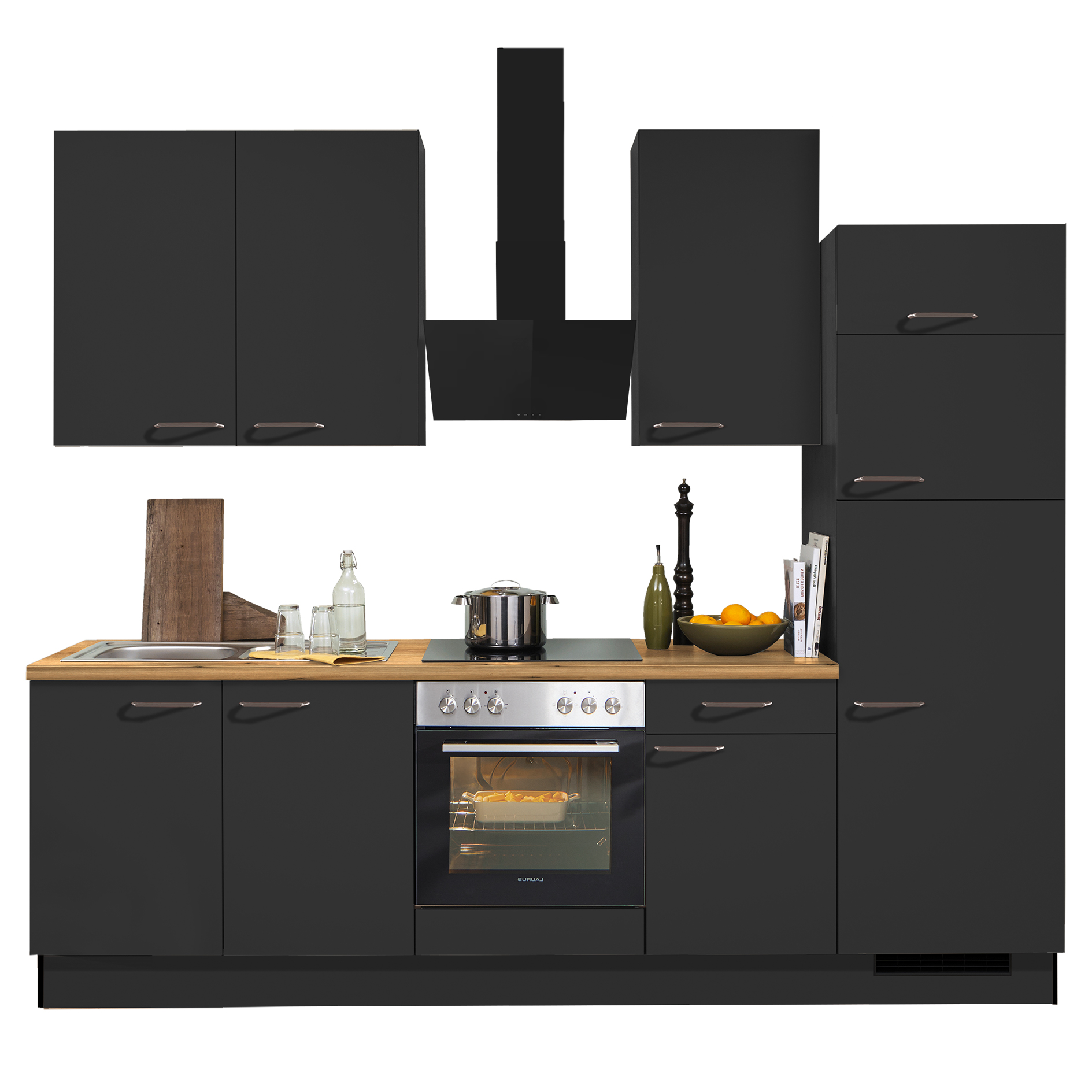 pino Küchenblock PN 80 - grafit - mit E-Geräten - Kühlschrank rechts - 270 cm