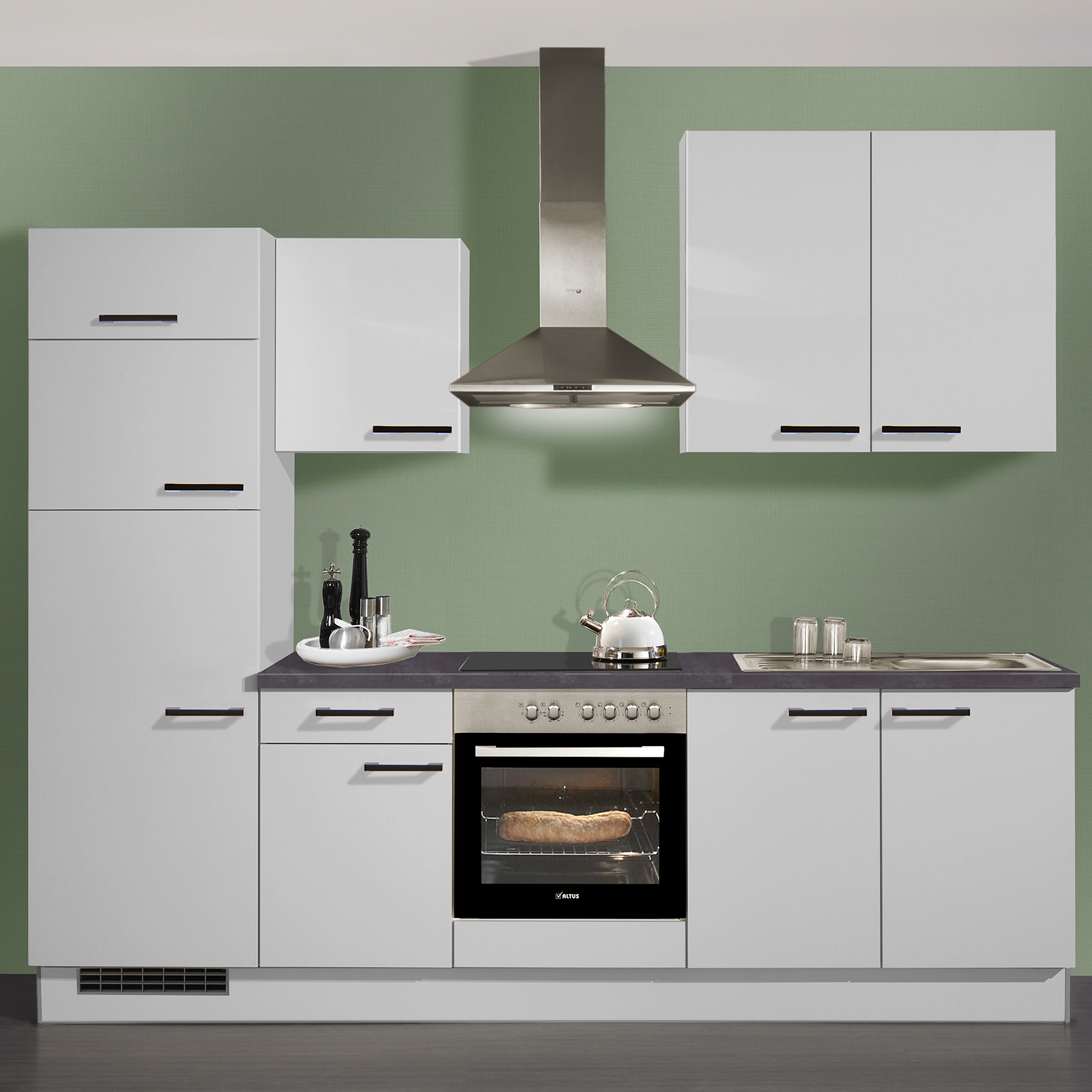 pino Küchenblock PN 80 - lichtgrau - mit E-Geräten - Kühlschrank links - 270 cm