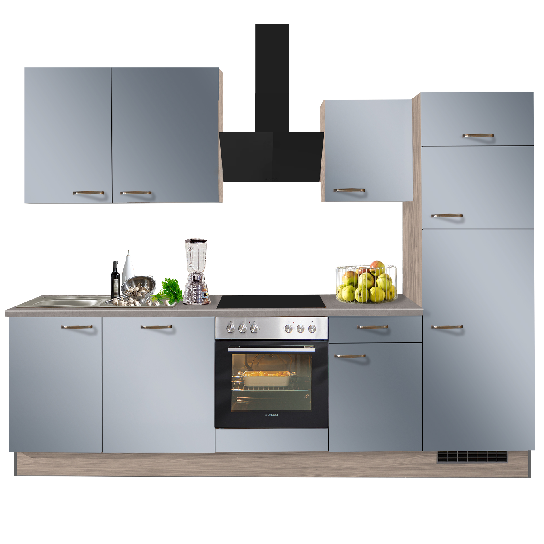 pino Küchenblock PN105 - Pastellblau-Lichtgrau - mit E-Geräten - Kühlschrank rechts - 280 cm