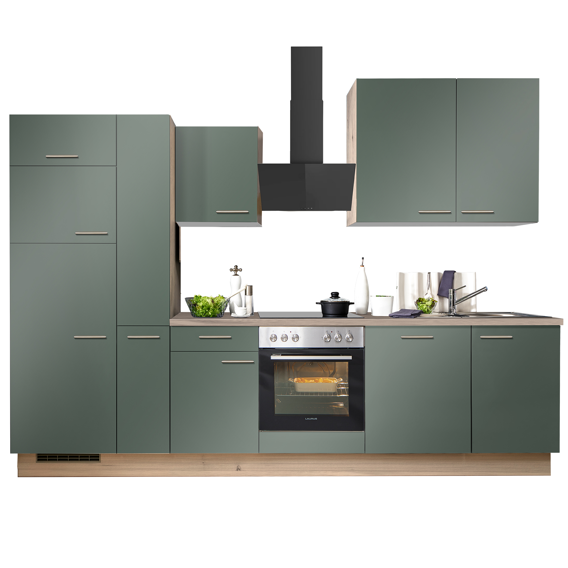 pino Küchenblock PN200 - Verde - Tanne Clay - mit E-Geräten - Kühlschrank links - 310 cm