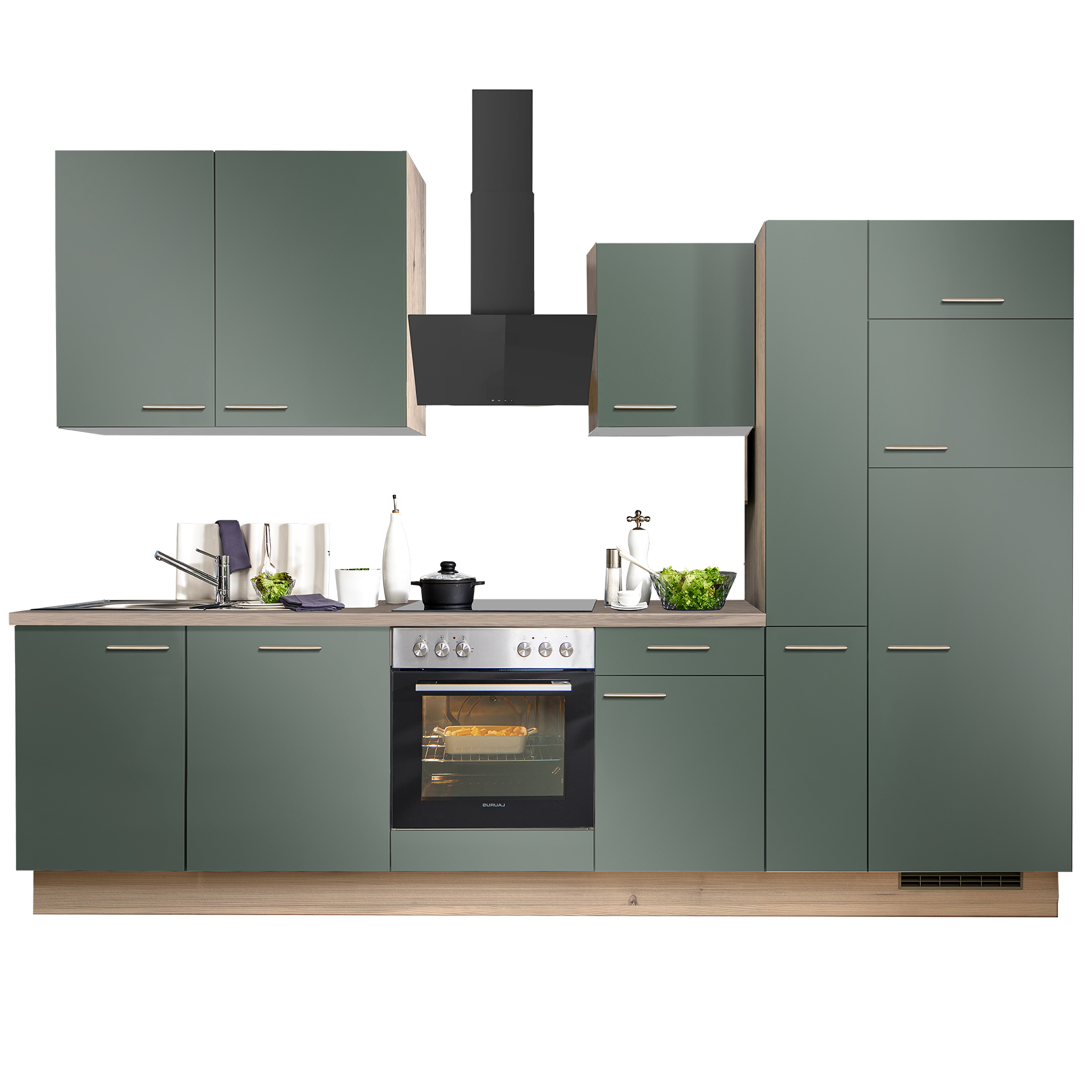 pino Küchenblock PN200 - Verde - Tanne Clay - mit E-Geräten - Kühlschrank rechts - 310 cm