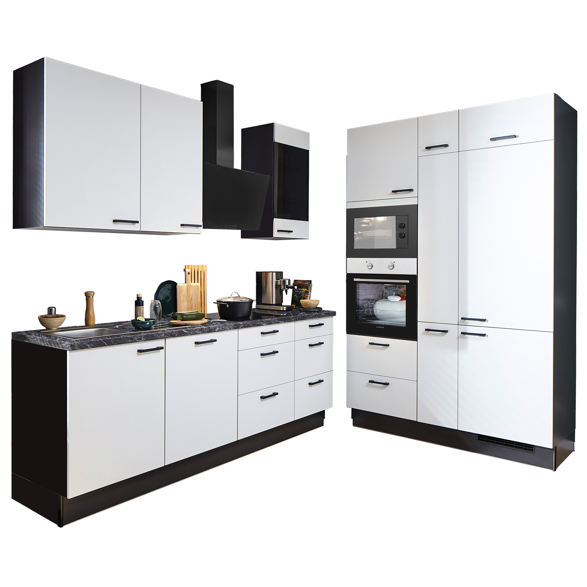 pino Küchenblock PN210 - Alpinweiß supermatt - mit E-Geräten - Kühlschrank rechts - 230+150 cm