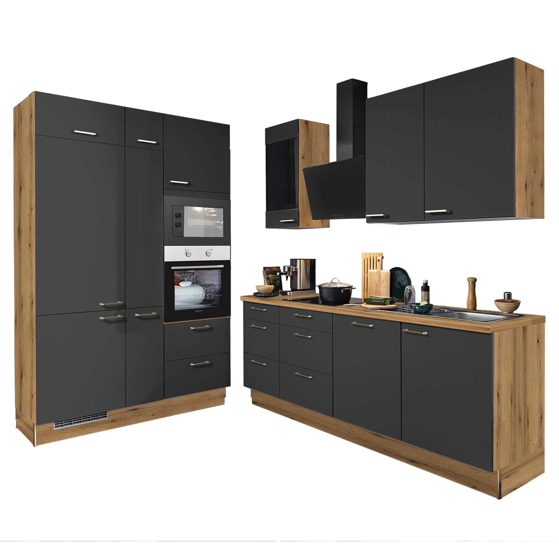pino Küchenblock PN80 - grafit - Evoke Eiche - mit E-Geräten - Kühlschrank links - 230+150 cm