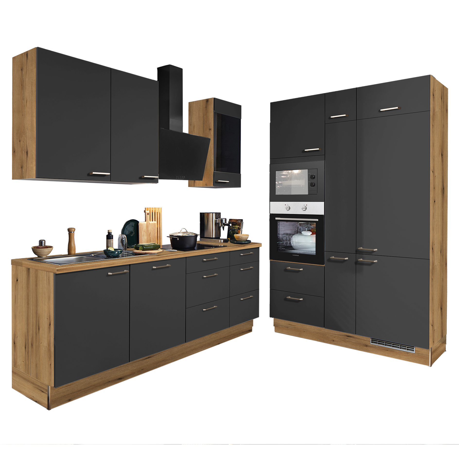 pino Küchenblock PN80 - grafit - Evoke Eiche - mit E-Geräten - Kühlschrank rechts - 230+150 cm