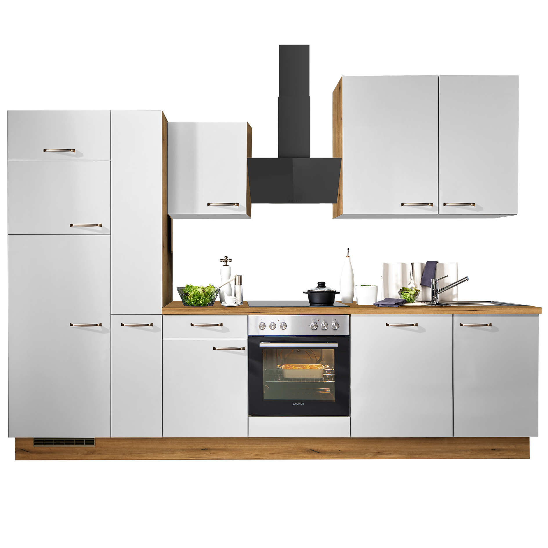 pino Küchenblock PN80 - lichtgrau - Evoke Eiche - mit E-Geräten - Kühlschrank links - 310 cm