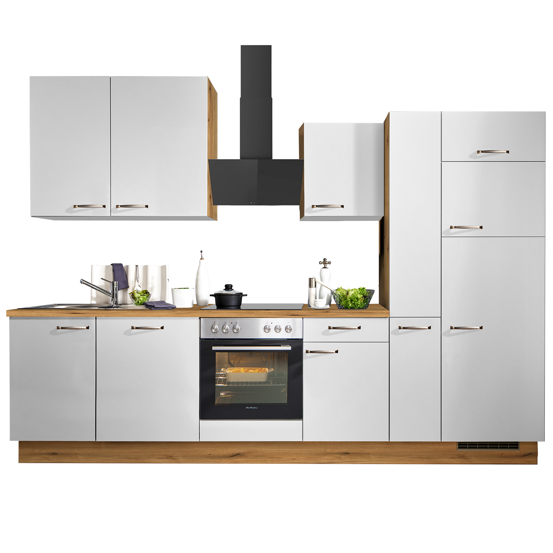 pino Küchenblock PN80 - lichtgrau - Evoke Eiche - mit E-Geräten - Kühlschrank rechts - 310 cm