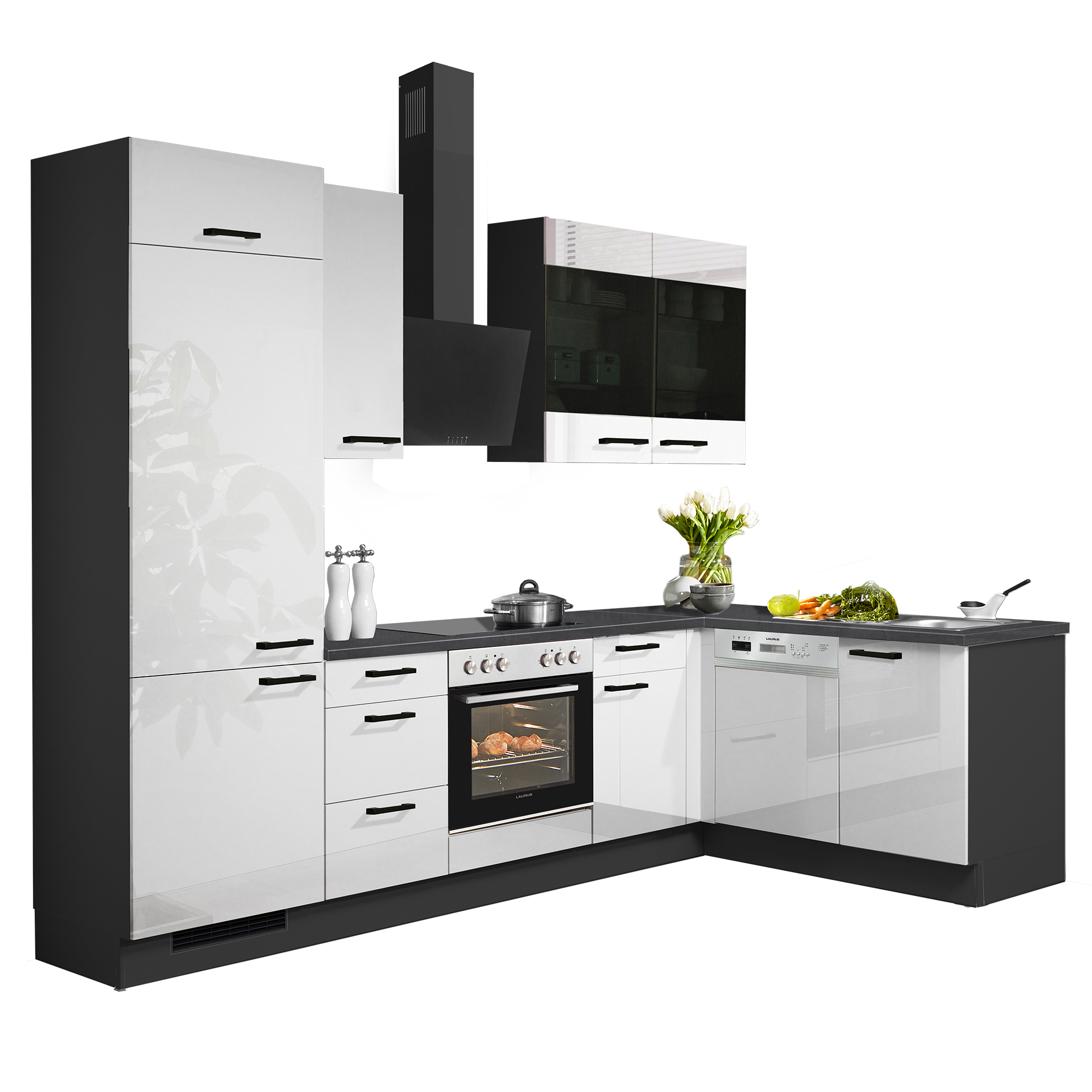 pino Winkelküche PN220 - Lacklaminat weiß Hochglanz - graphit - Kühlschrank links - 275x175 cm