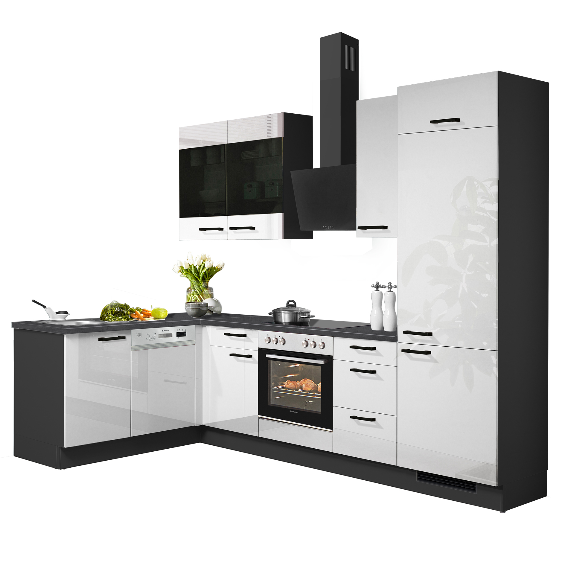 pino Winkelküche PN220 - Lacklaminat weiß Hochglanz - graphit - Kühlschrank rechts - 275x175 cm