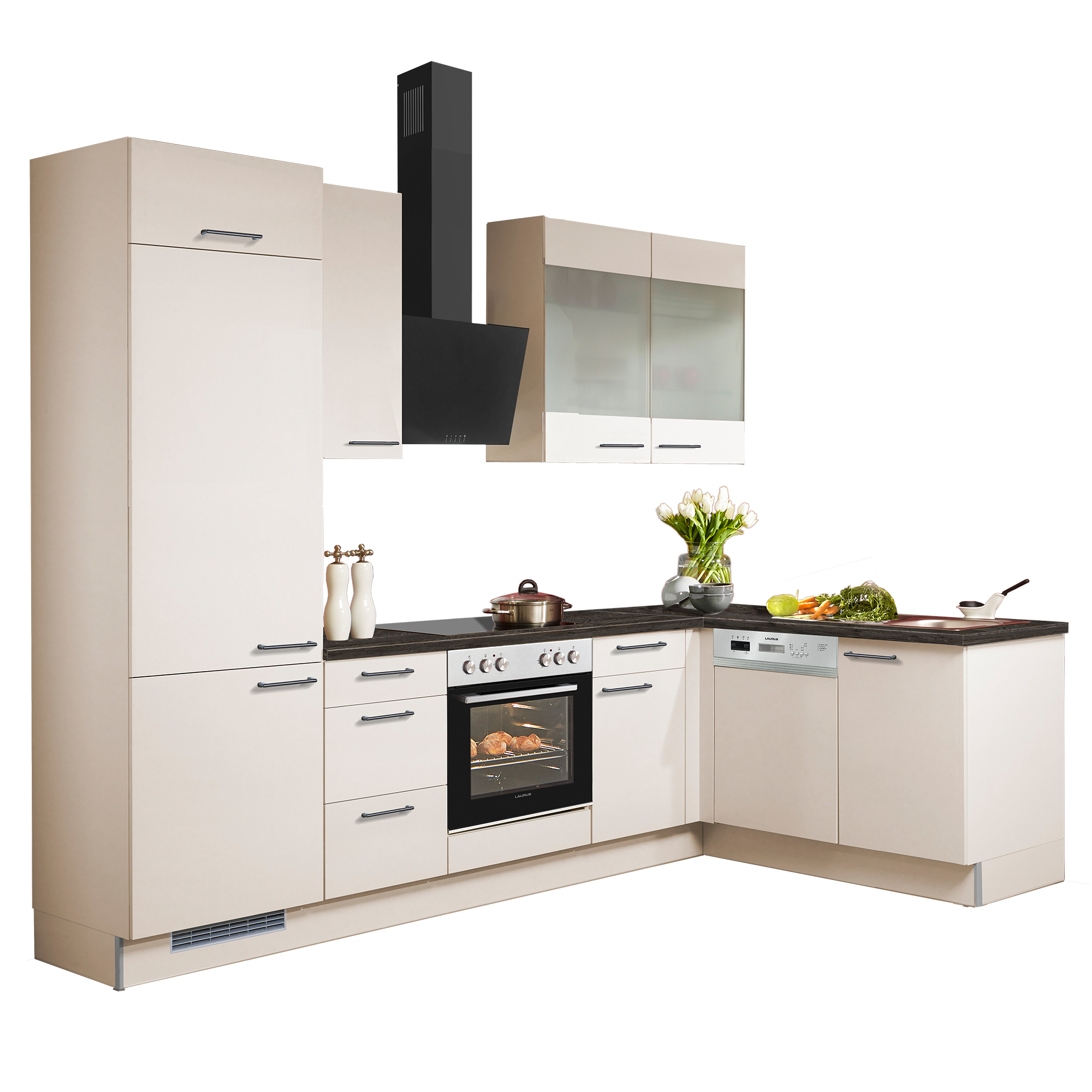 pino Winkelküche PN80 - Magnolienweiß - Hemlock Lava - Kühlschrank links - 275x175 cm