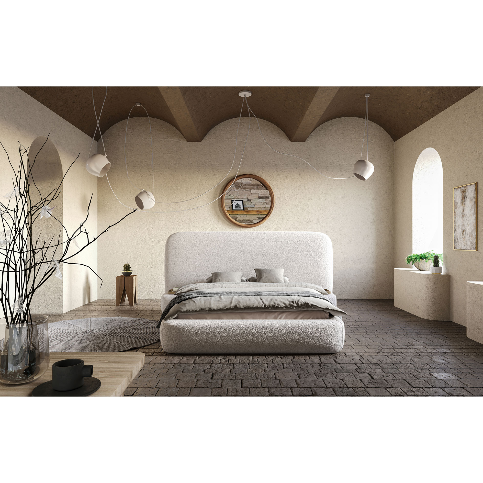 Polsterbett - beige - Bouclé - mit Tabletts - 140x200 cm