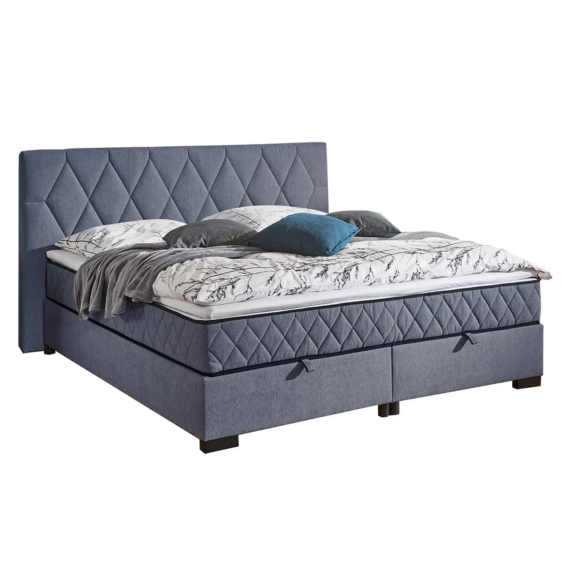 Polsterbett - blau - mit Bettkasten - H2/H3 - 180x220 cm