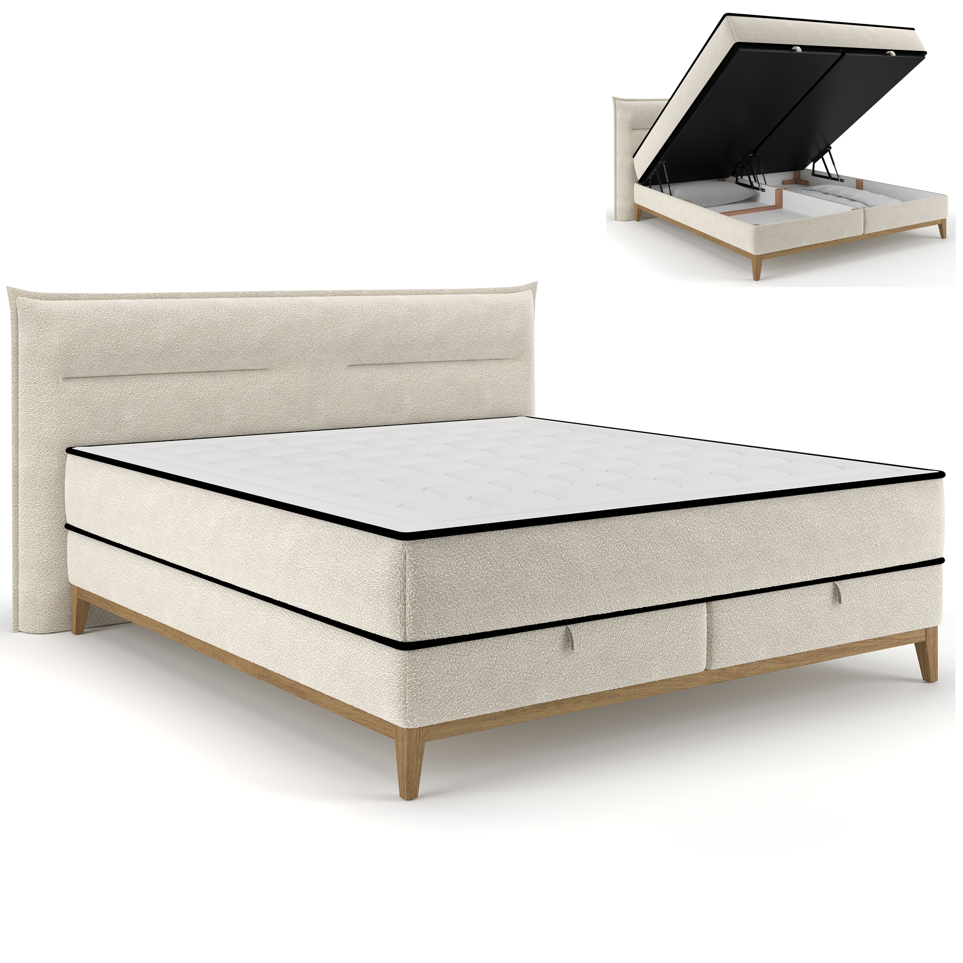 Polsterbett - creme - H2/H3 - mit Bettkasten - 9-Zonen - Taschenfederkern - 180x200 cm