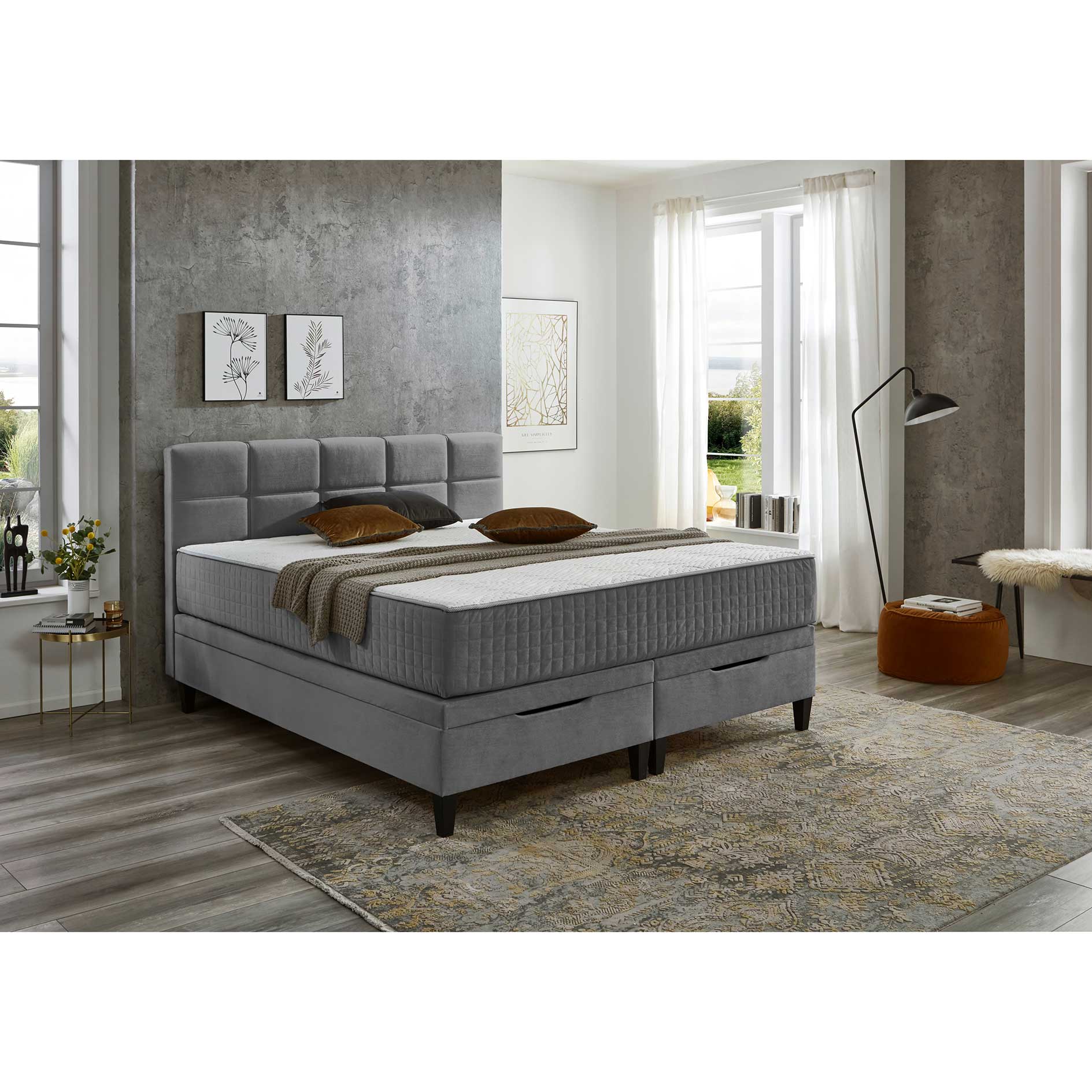 Polsterbett - grau - H2/H3 - mit Bettkasten - 180x200 cm