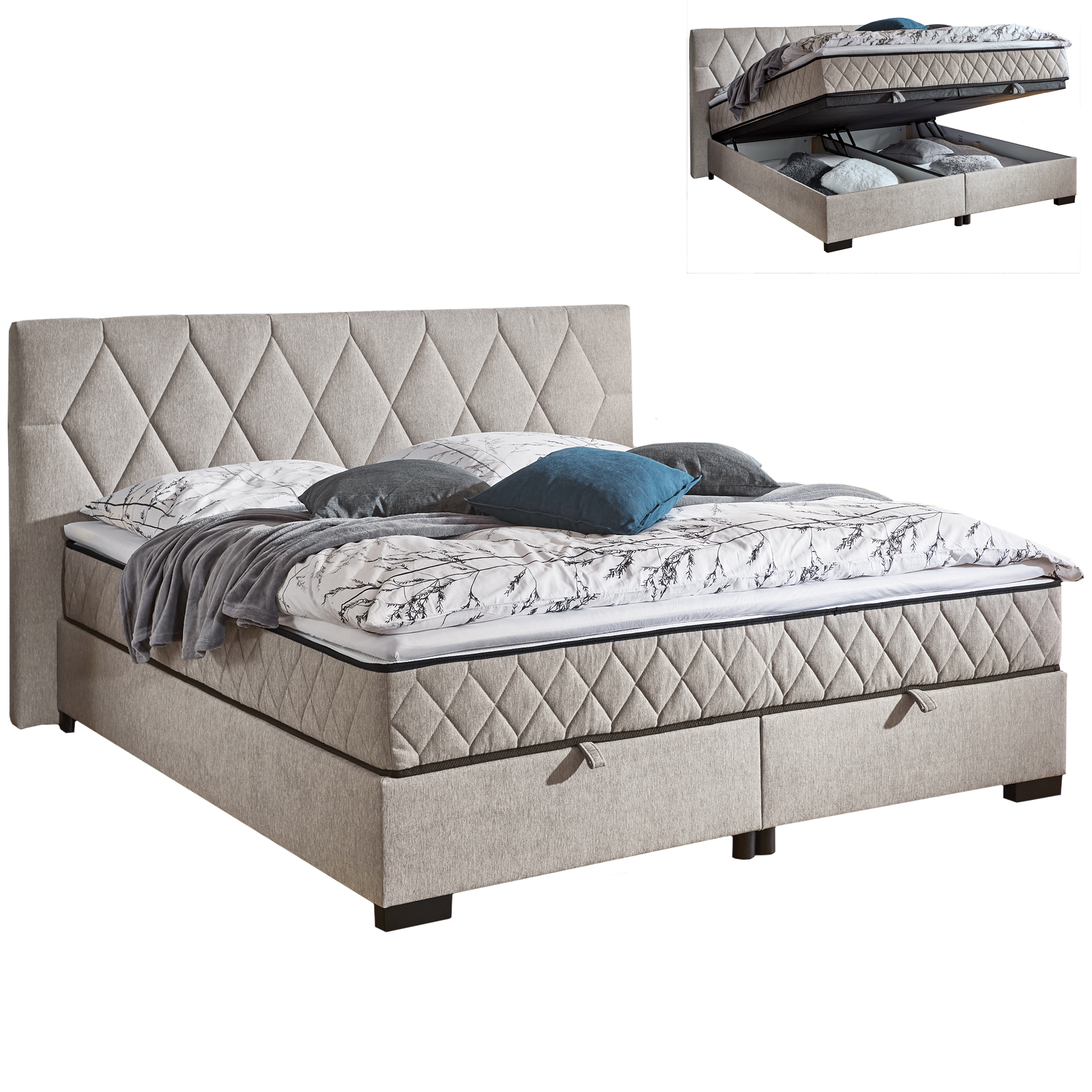Polsterbett - silber - mit Bettkasten - H2 - 160x200 cm