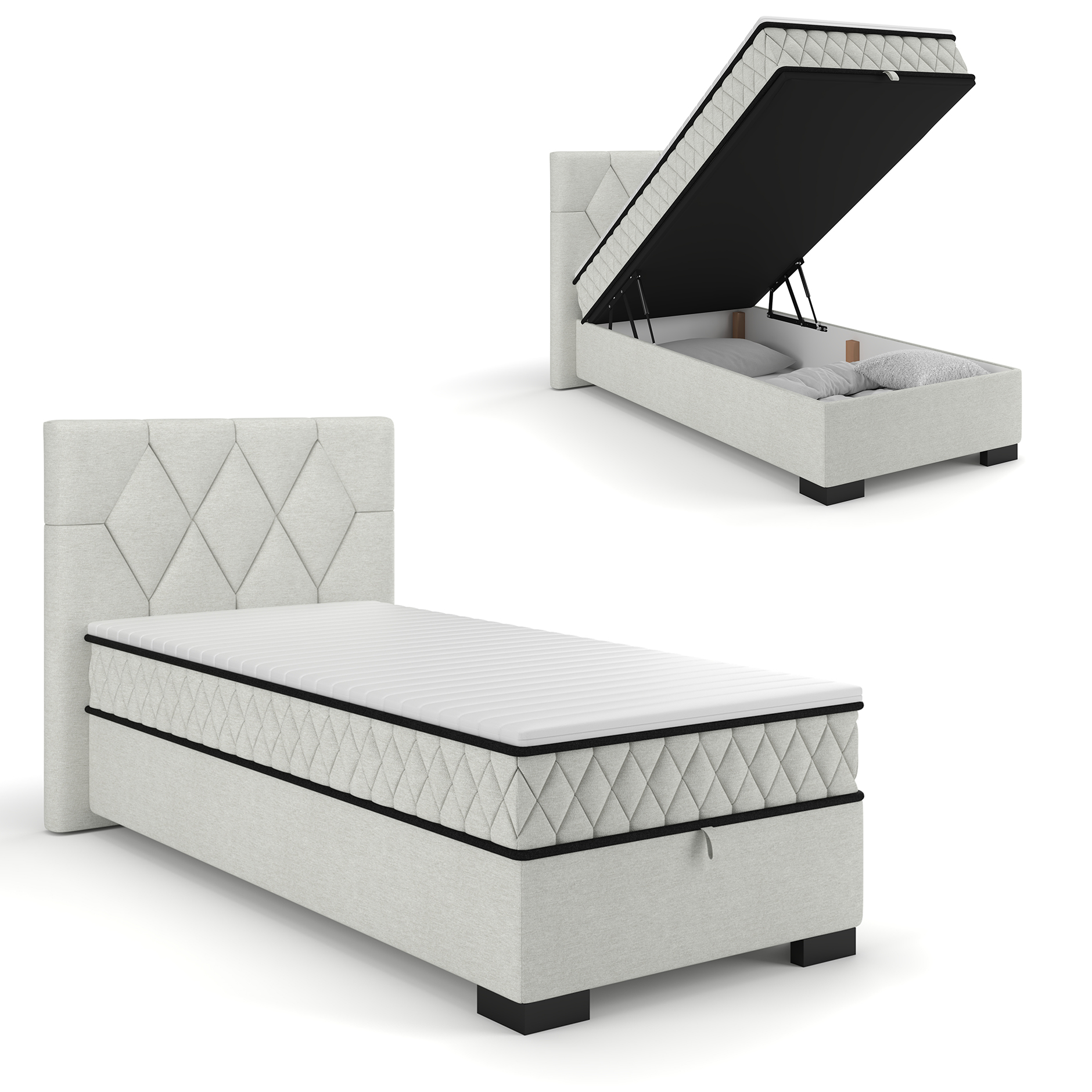Polsterbett - silber - mit Bettkasten - H2/H3 - 100x200 cm