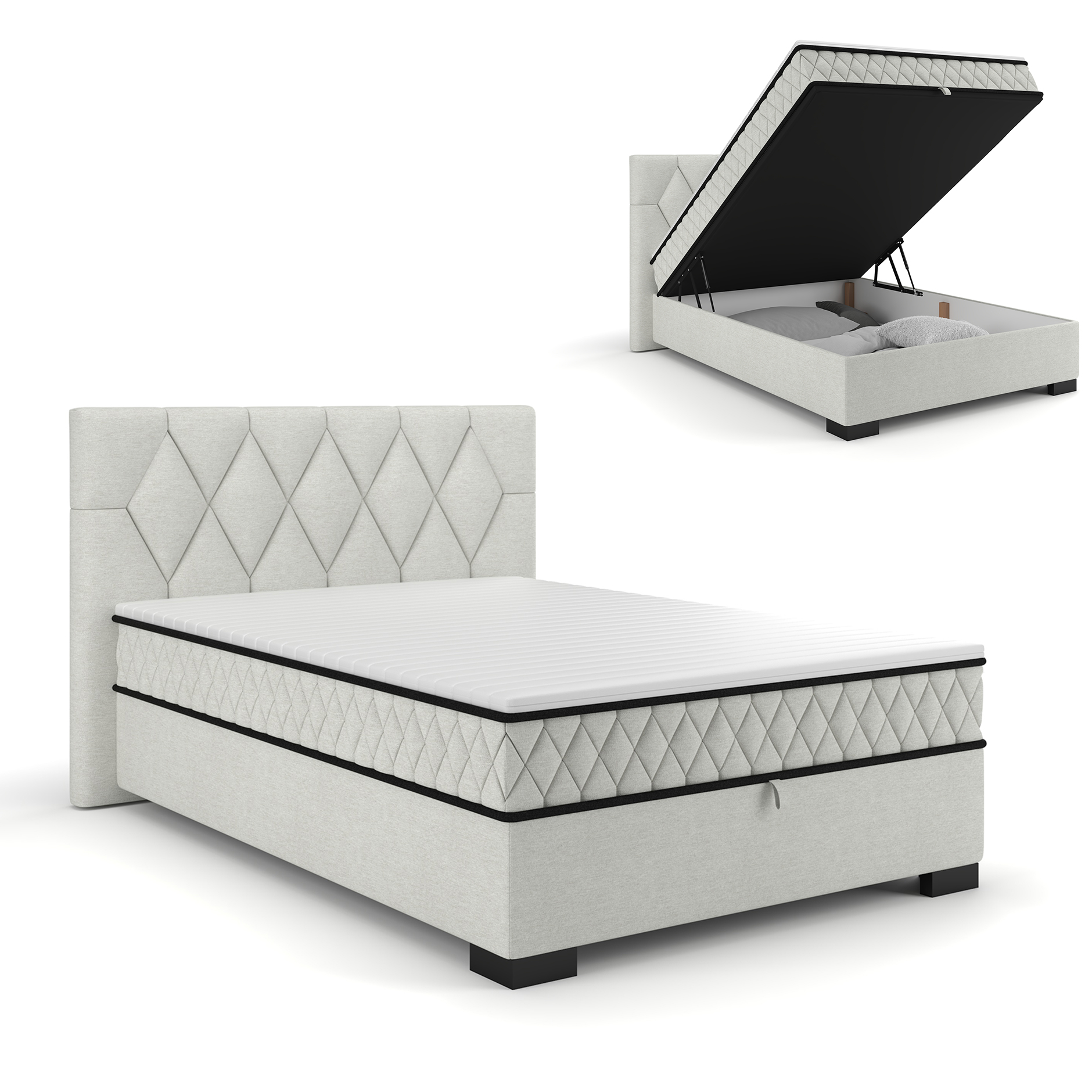 Polsterbett - silber - mit Bettkasten - H2/H3 - 120x200 cm