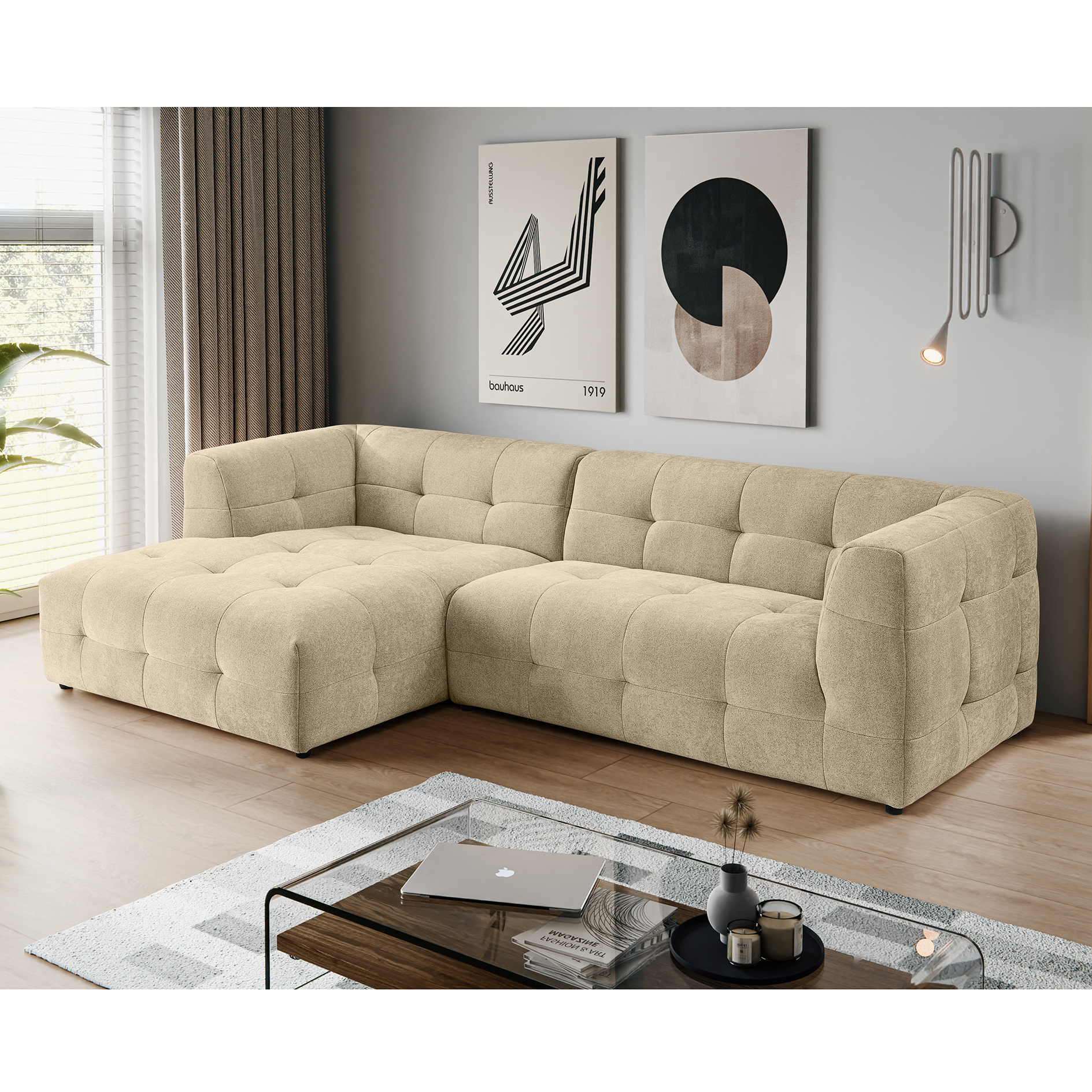 Polsterecke TENSO - beige - Webstoff mit Steppung - Recamiere links