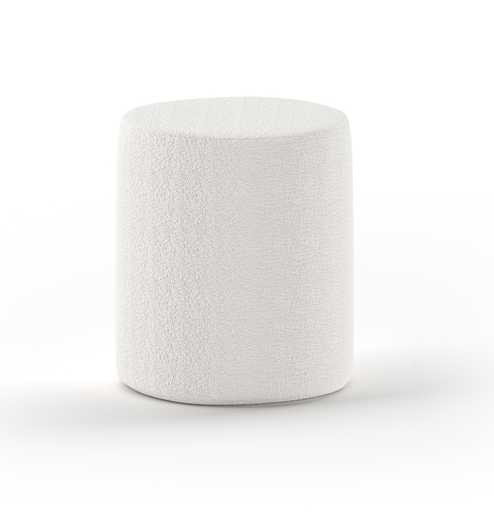 Polsterhocker-Nachttisch MOON - weiß - Bouclé Stoff - Ø 41 cm