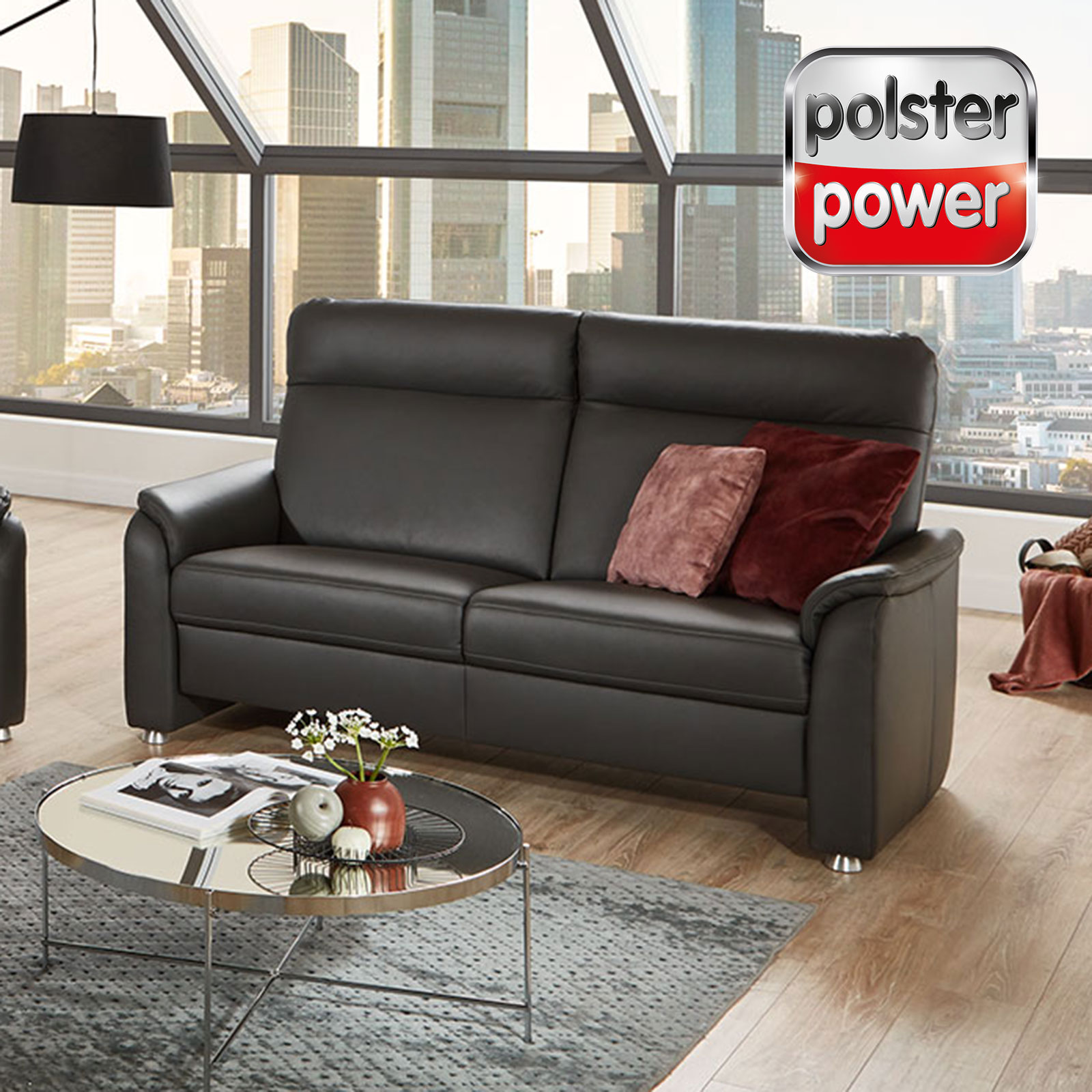 polsterpower 2,5-Sitzer Ledersofa - anthrazit - mit Funktionen