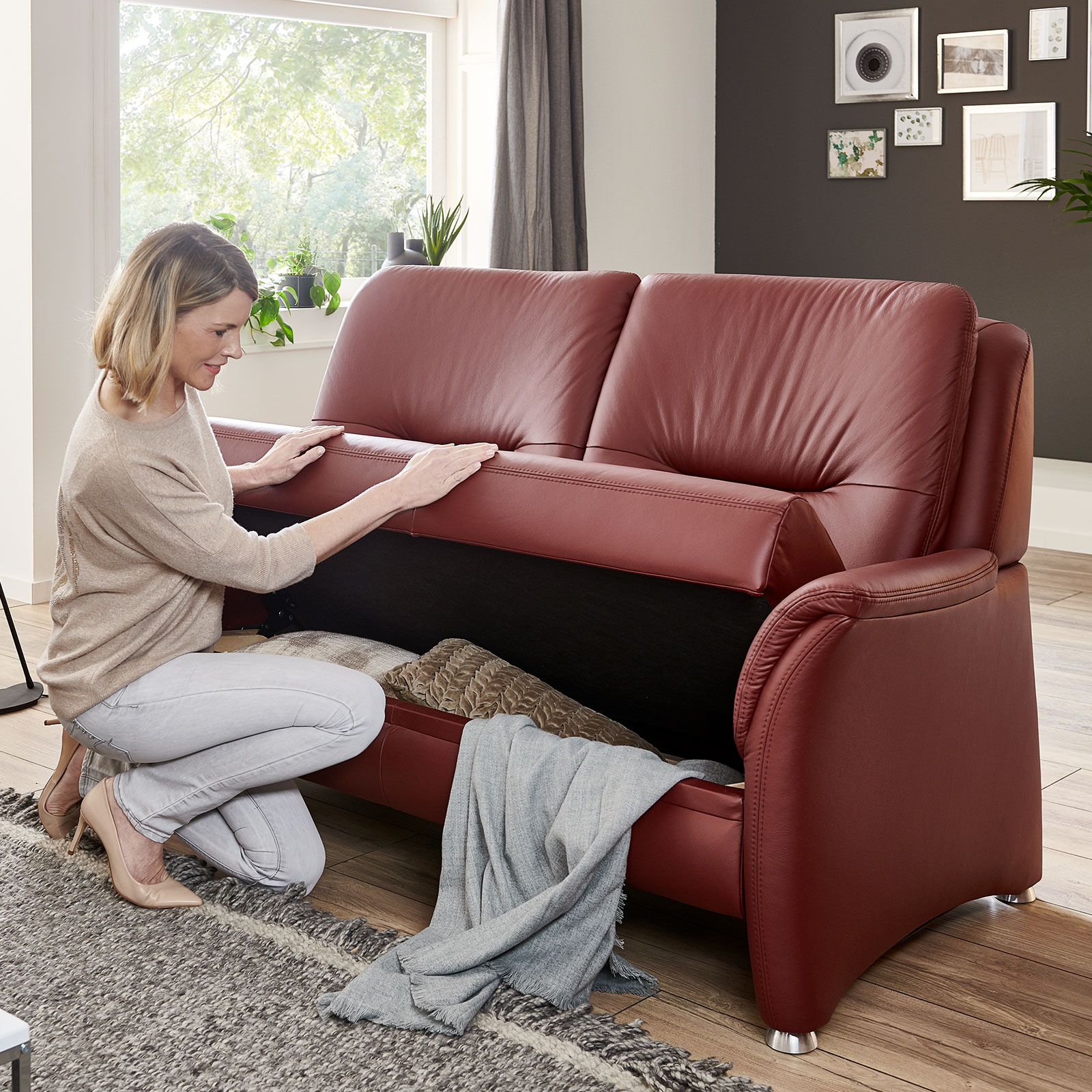 polsterpower 2,5-Sitzer Ledersofa - brombeer - Federkern - mit Staukasten