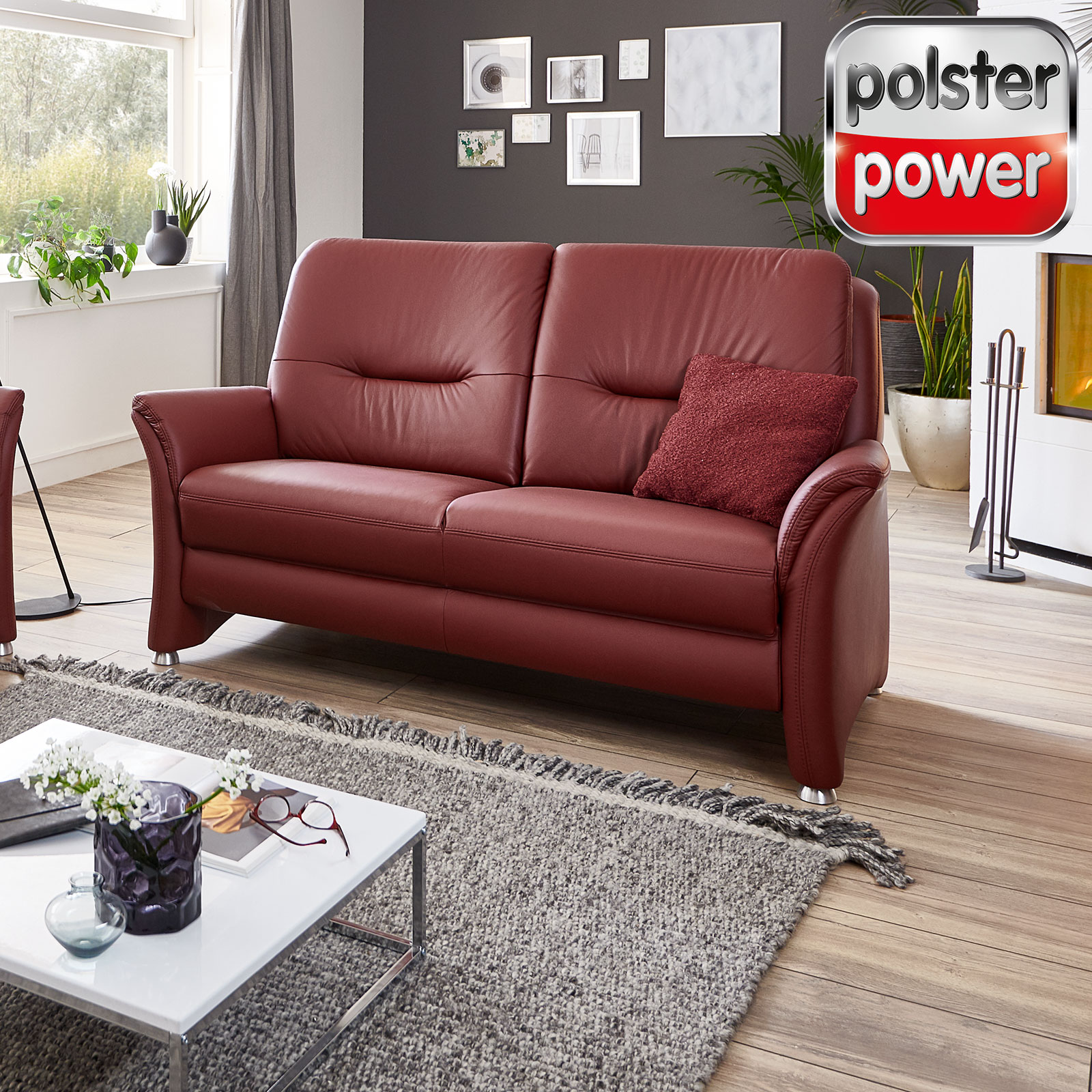 polsterpower 2,5-Sitzer Ledersofa - brombeer - Federkern - mit Staukasten