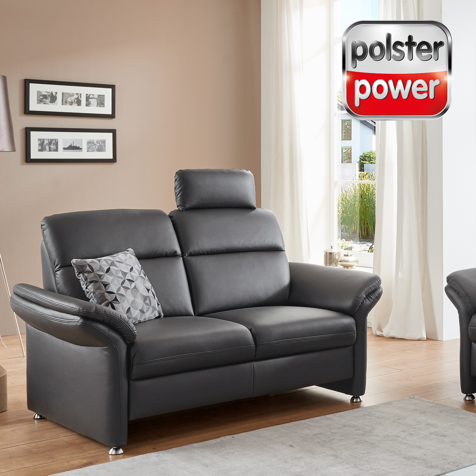 polsterpower 2-Sitzer Ledersofa - schwarz - mit Schubkasten