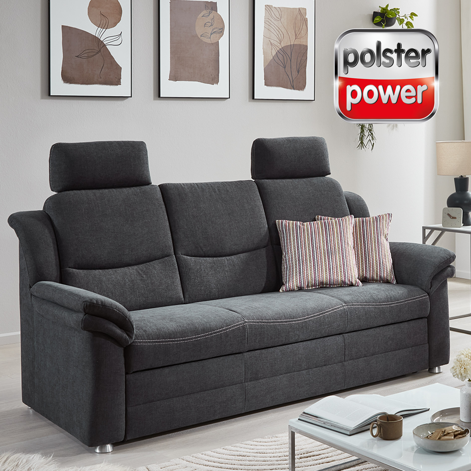 polsterpower 3-Sitzer - anthrazit - Liegefunktion und Kopfstützen