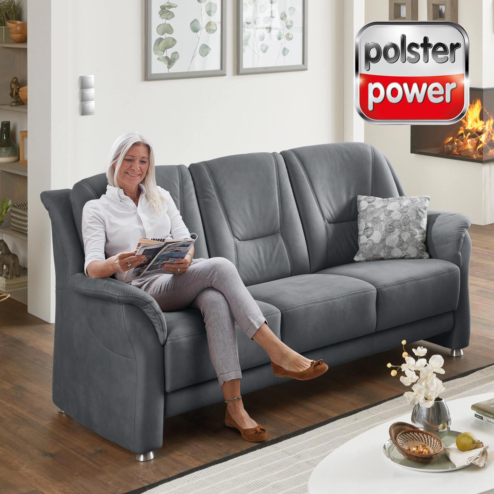 polsterpower 3-Sitzer - denim - Microfaser - mit Staukasten