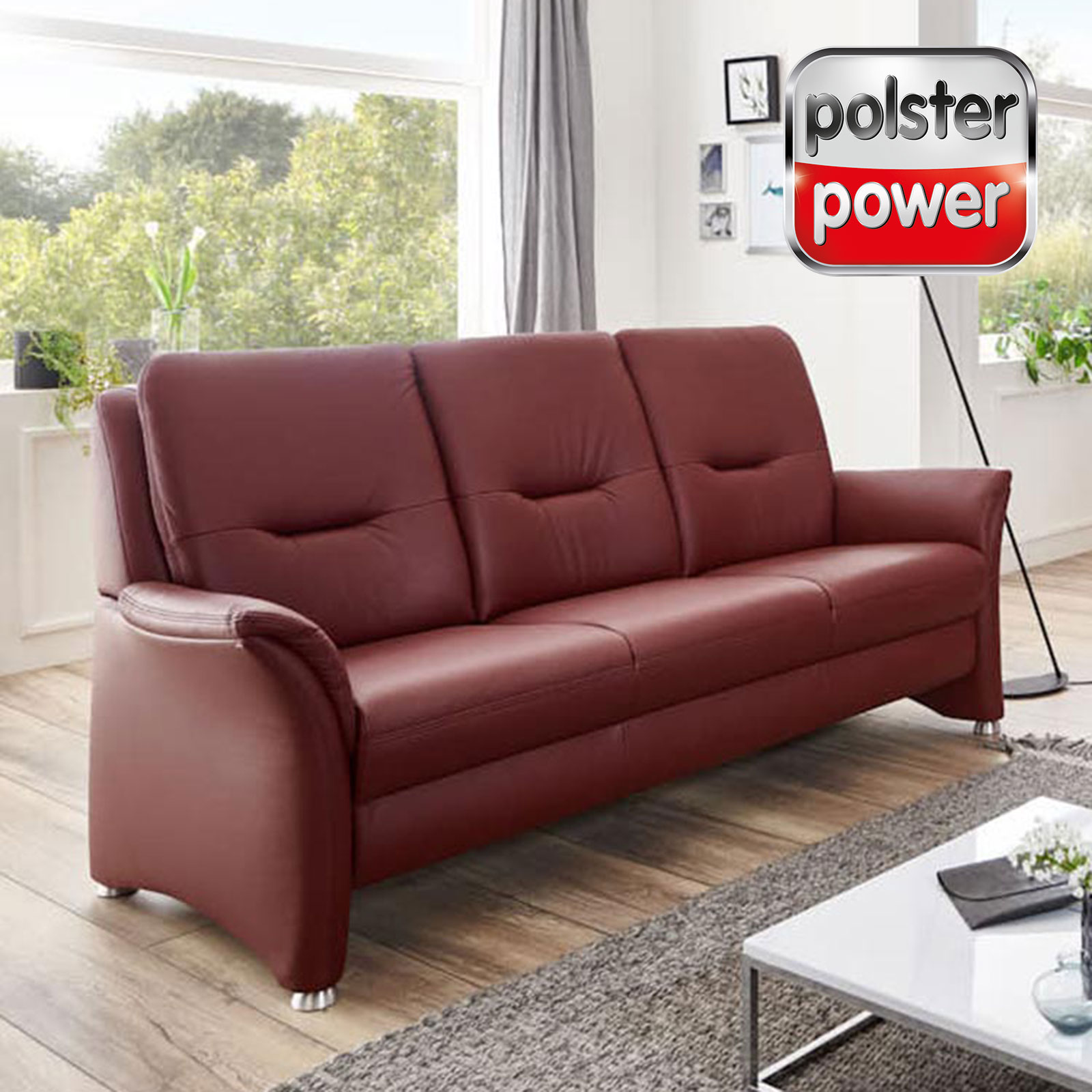 polsterpower 3-Sitzer Ledersofa - brombeer - Federkern - mit Motor