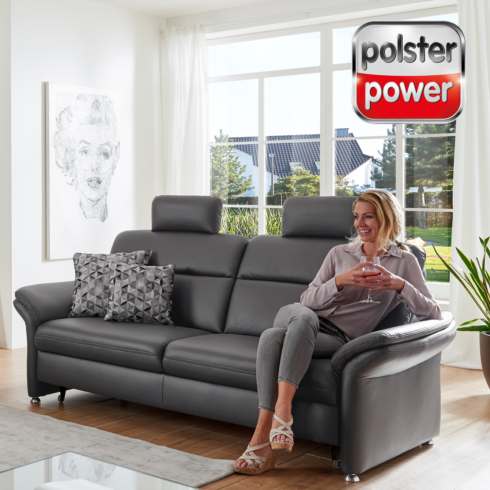 polsterpower 3-Sitzer Ledersofa - schwarz - Basismodell