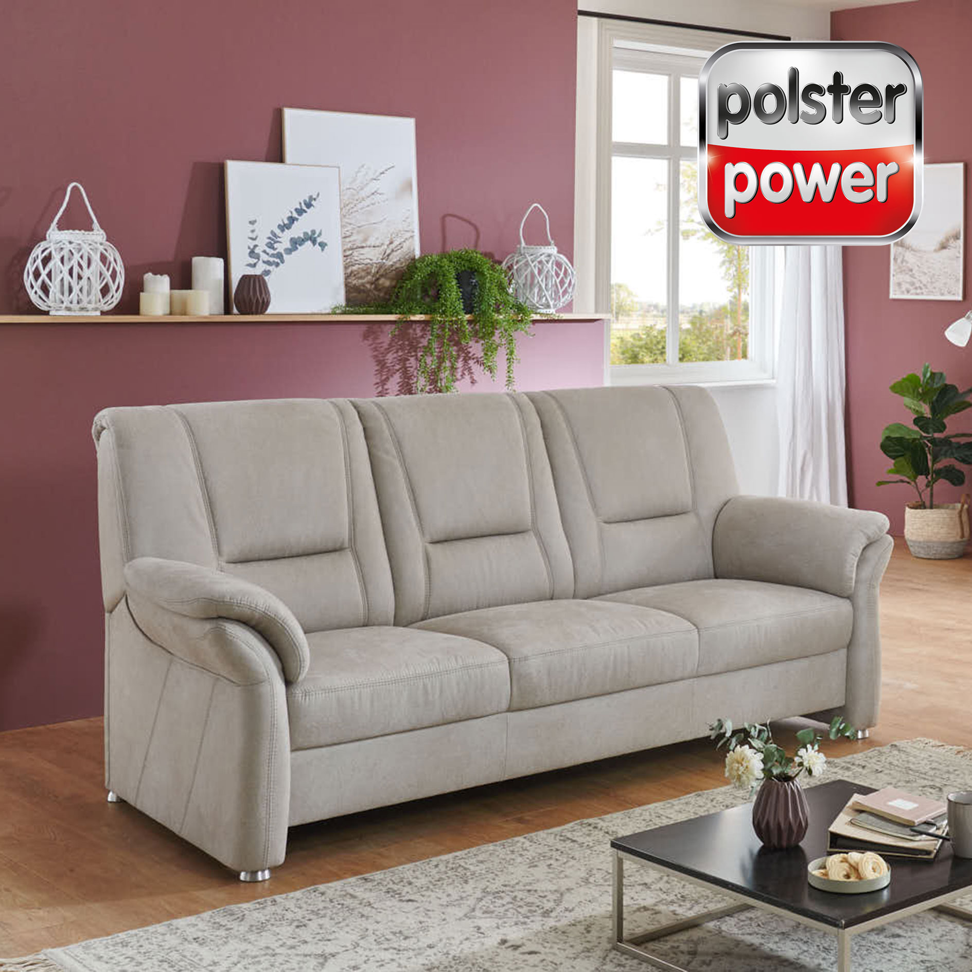 polsterpower 3-Sitzer Sofa - Saddle silber - Federkern