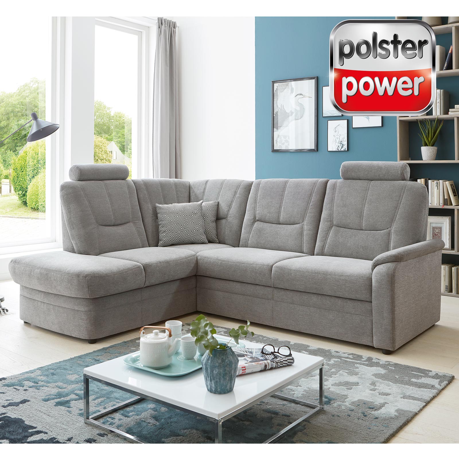 polsterpower Eckgarnitur - grau - mit Funktionen - Kombielement links