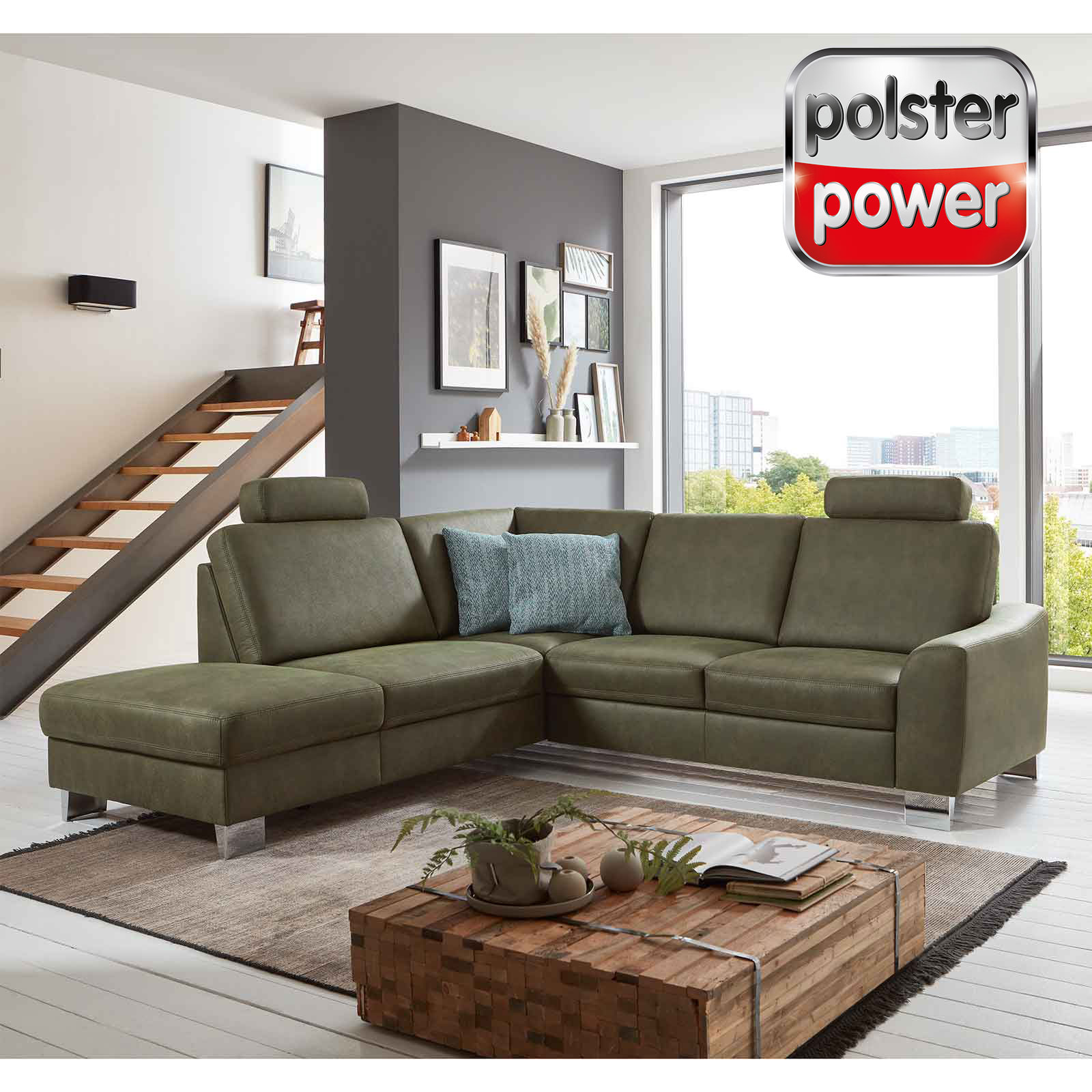 polsterpower Eckgarnitur - grün - mit Funktionen - Kombielement links