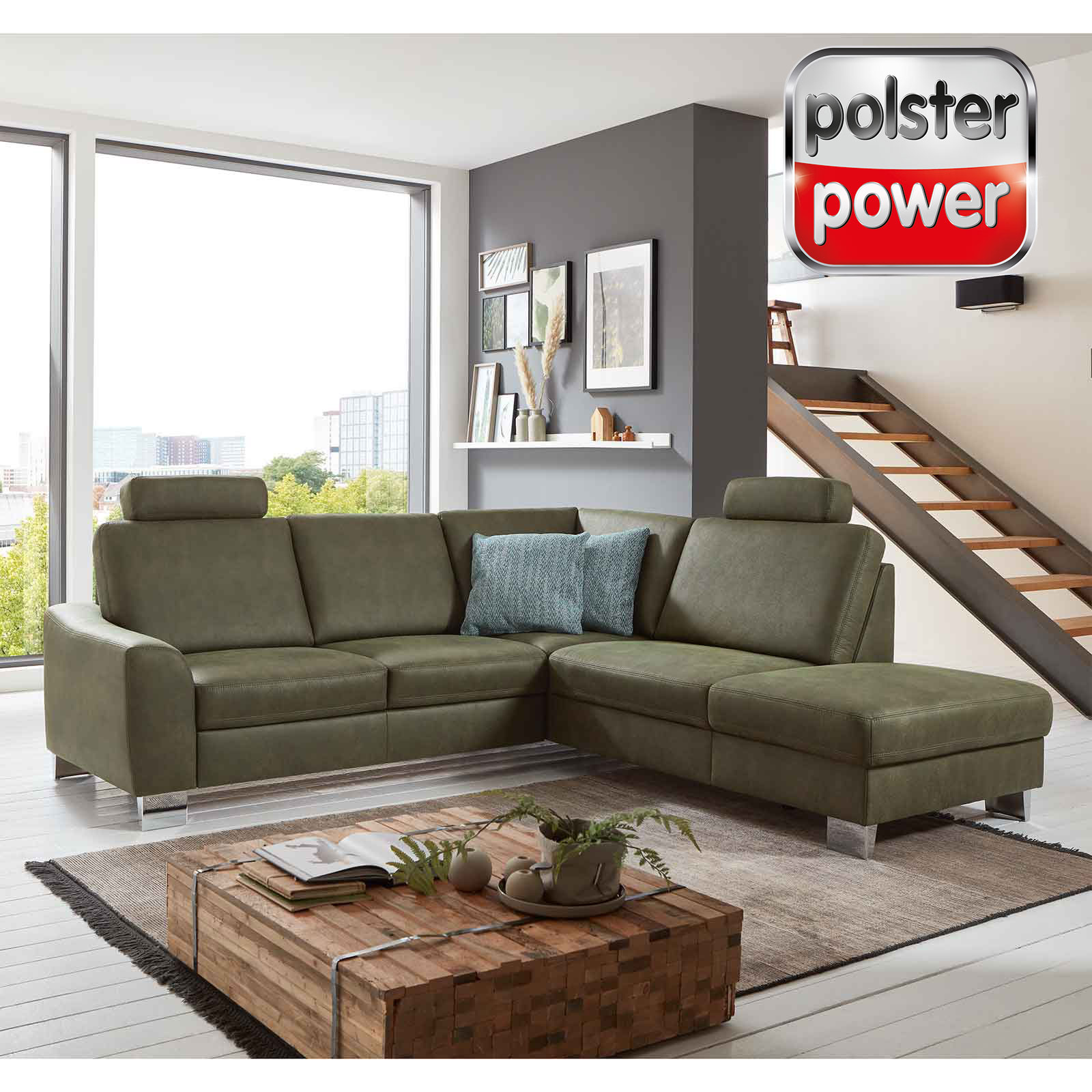 polsterpower Eckgarnitur - grün - mit Funktionen - Kombielement rechts