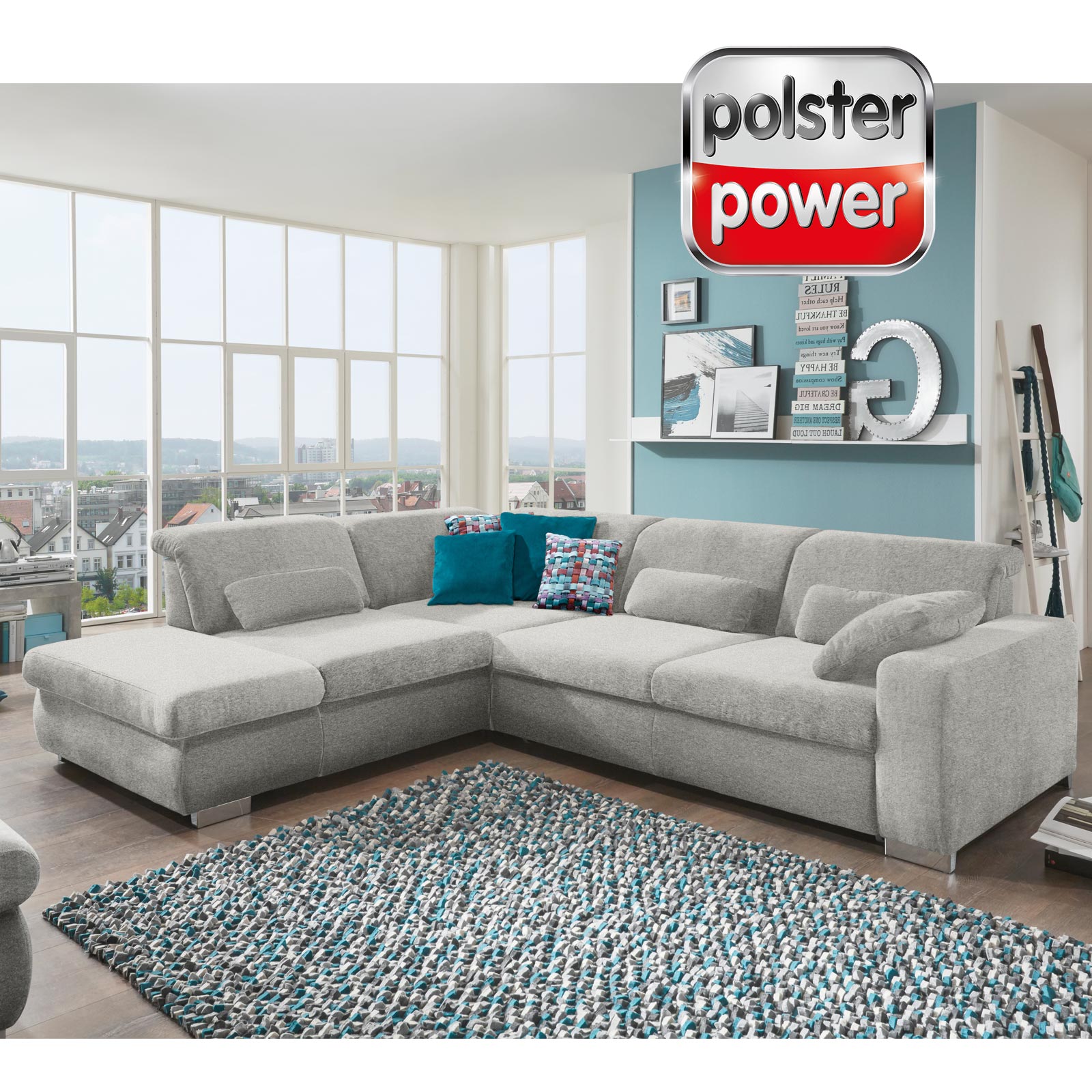 polsterpower Ecksofa - alu - mit Funktionen - Anstellhocker links