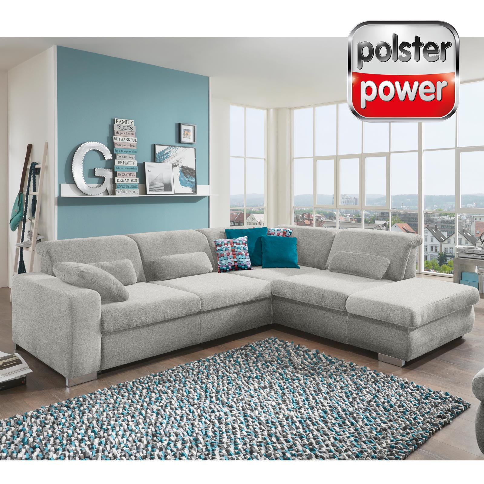 polsterpower Ecksofa - alu - Sitztiefenverstellung - Anstellhocker rechts