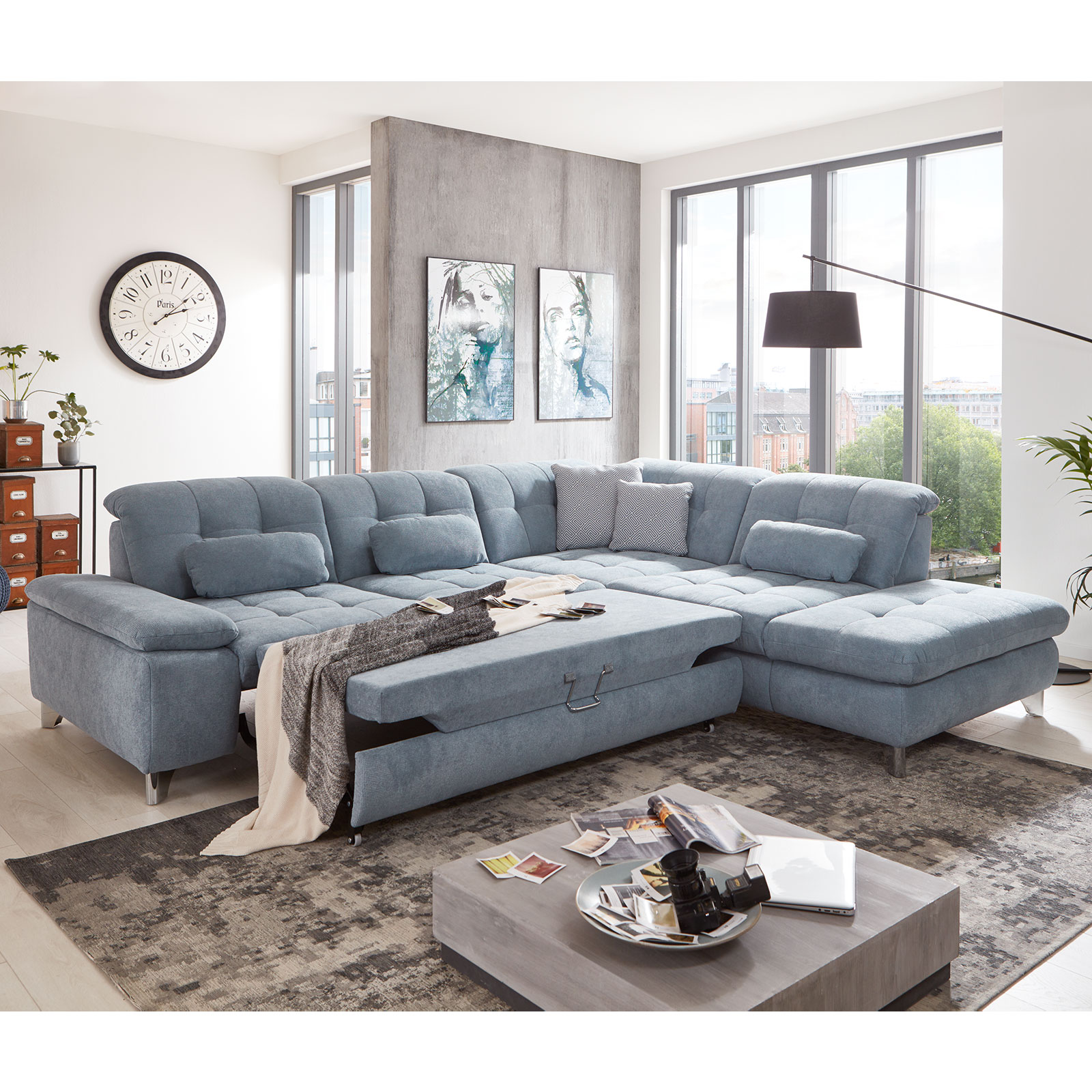 polsterpower Ecksofa - blau - mit Funktionen - Anstellhocker rechts