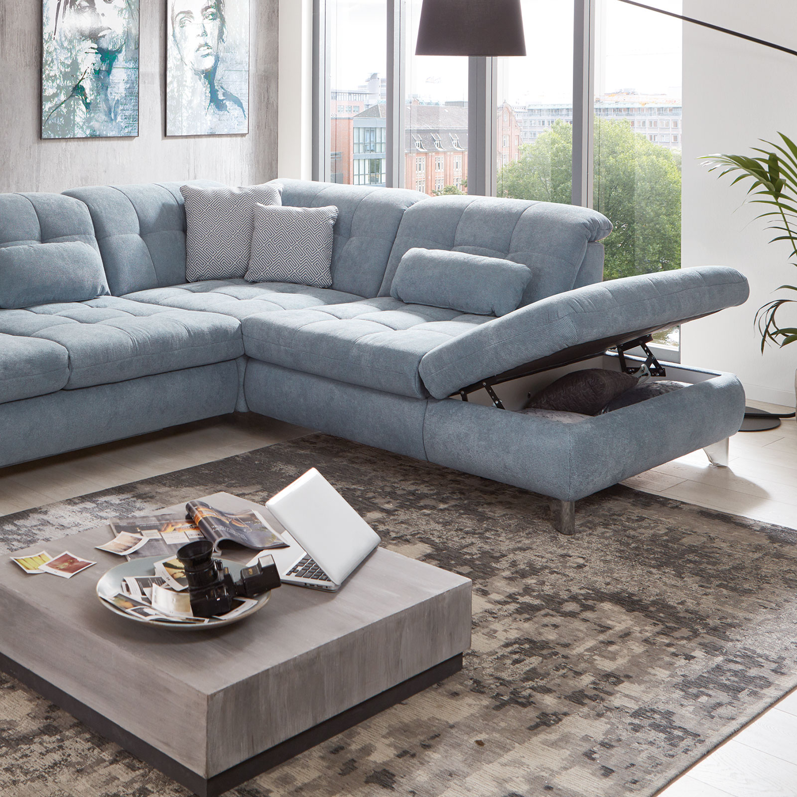 polsterpower Ecksofa - blau - mit Funktionen - Anstellhocker rechts
